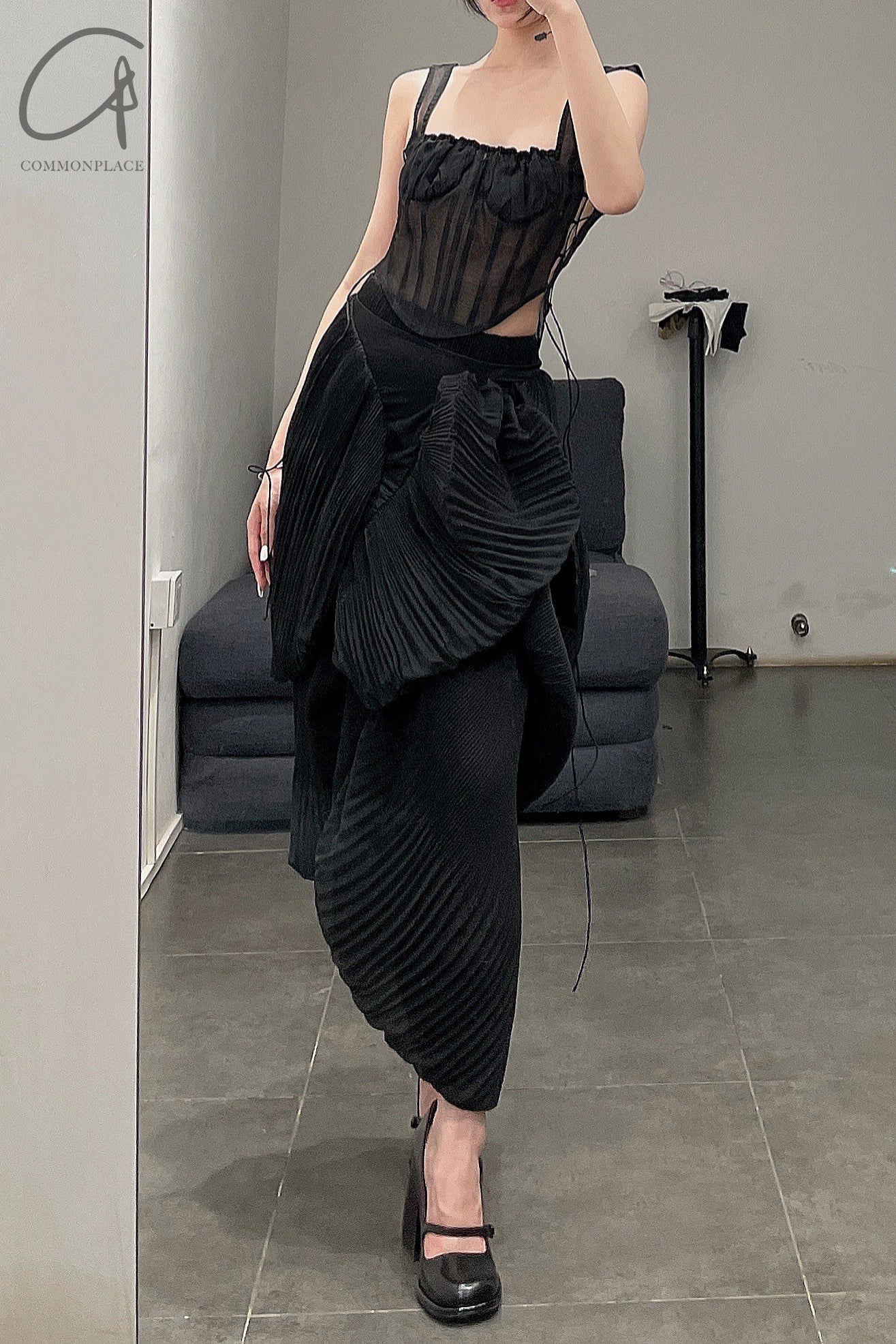 CAROLINE HU Pleated Shell Skirt SS22BKSK05 Black PCH5 - Image 6