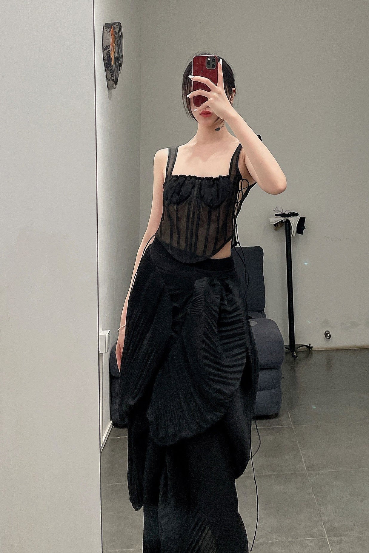 CAROLINE HU Pleated Shell Skirt SS22BKSK05 Black PCH5 - Image 7