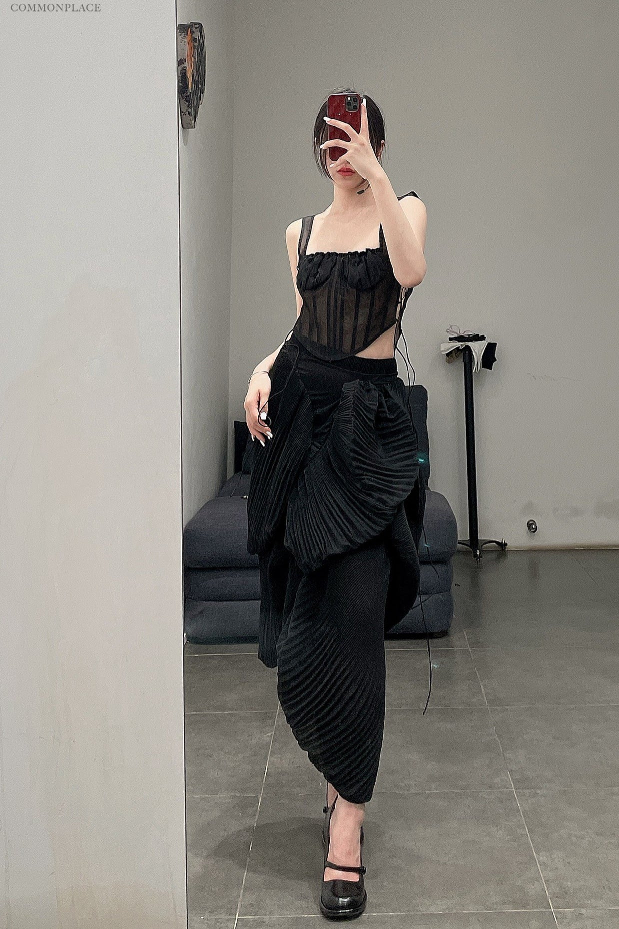 CAROLINE HU Pleated Shell Skirt SS22BKSK05 Black PCH5 - Image 8
