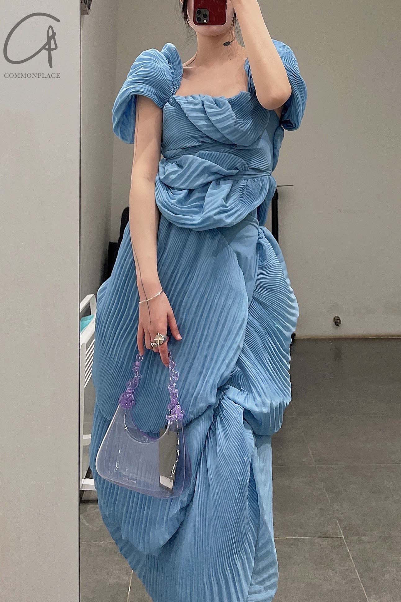 CAROLINE HU Pleated Shell Skirt SS22BUSK05 Blue PCH5 - Image 11