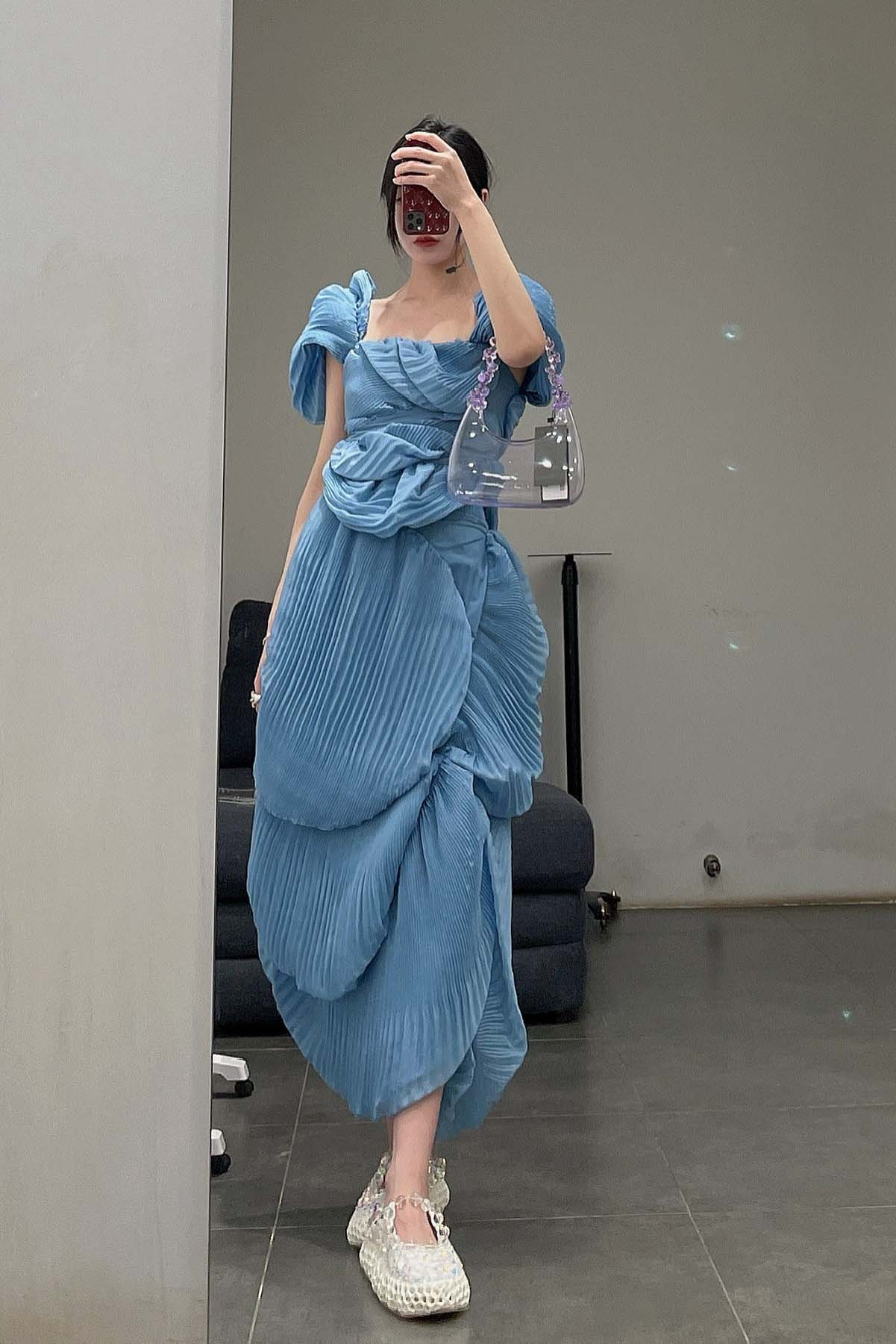 CAROLINE HU Pleated Shell Skirt SS22BUSK05 Blue PCH5 - Image 12