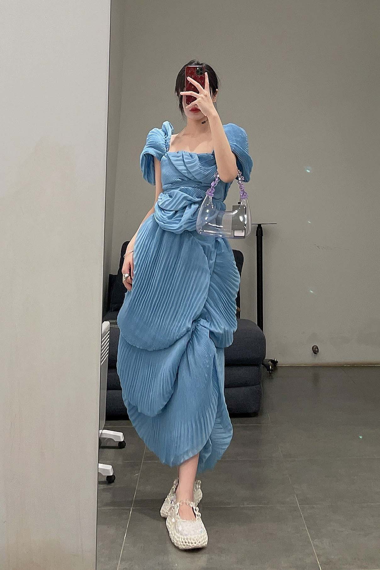 CAROLINE HU Pleated Shell Skirt SS22BUSK05 Blue PCH5 - Image 13