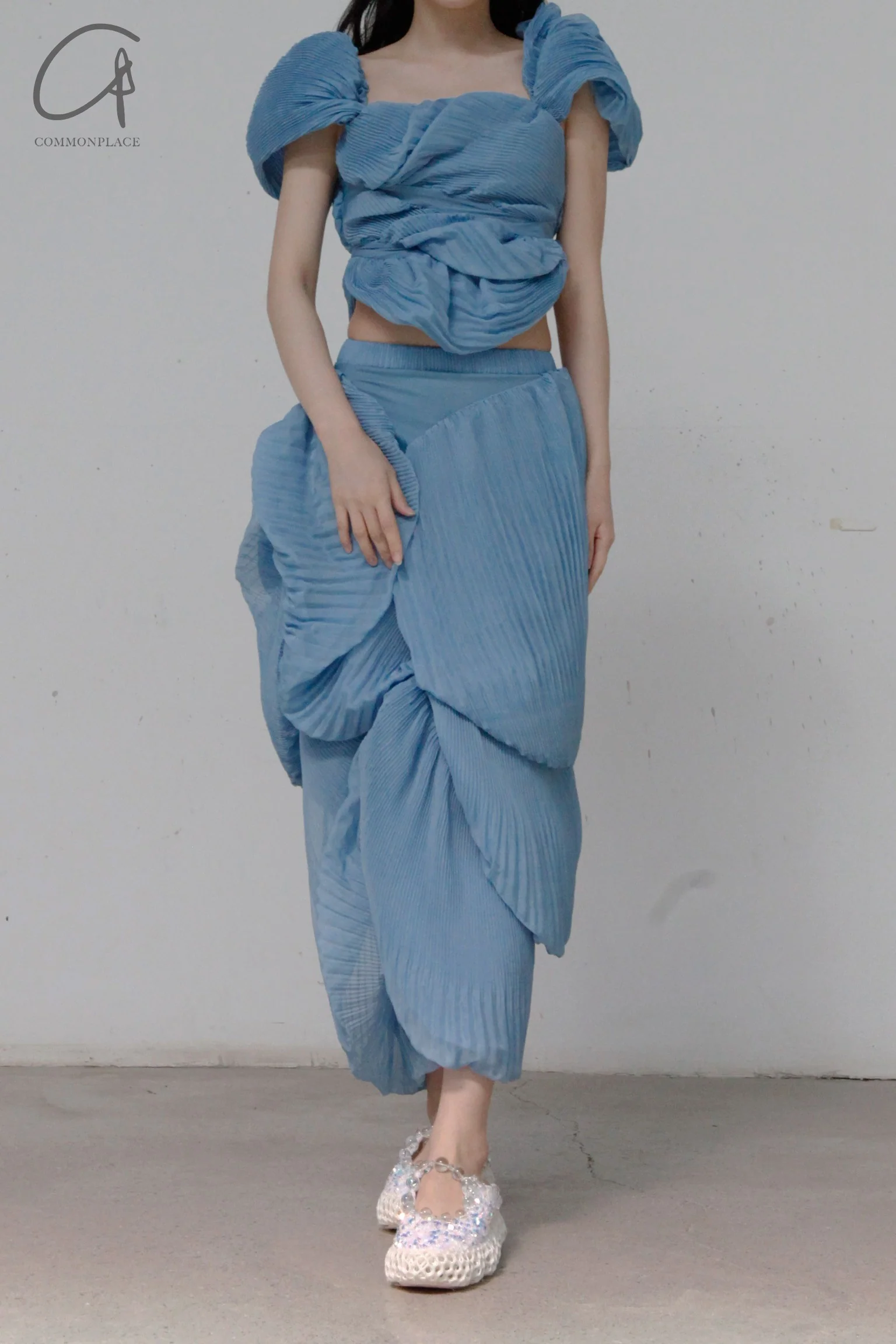 CAROLINE HU Pleated Shell Skirt SS22BUSK05 Blue PCH5 - Image 3