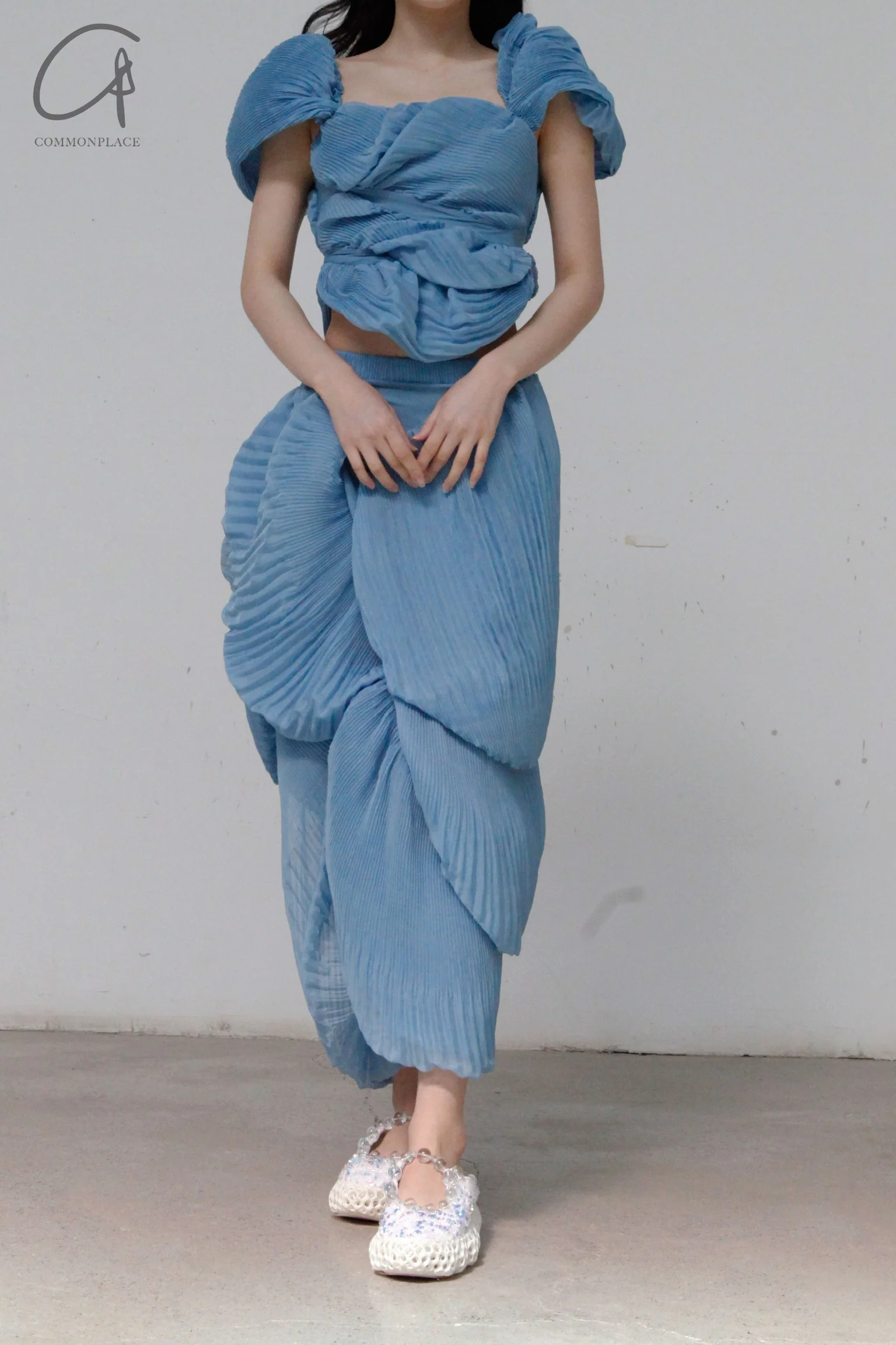 CAROLINE HU Pleated Shell Skirt SS22BUSK05 Blue PCH5 - Image 4
