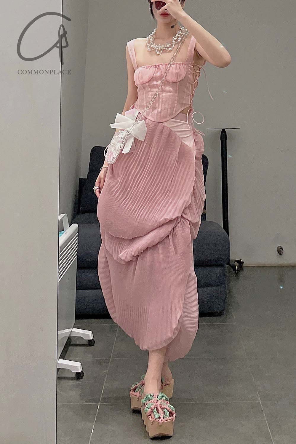 CAROLINE HU Pleated Shell Skirt SS22PKSK05 Pink PCH5 - Image 14