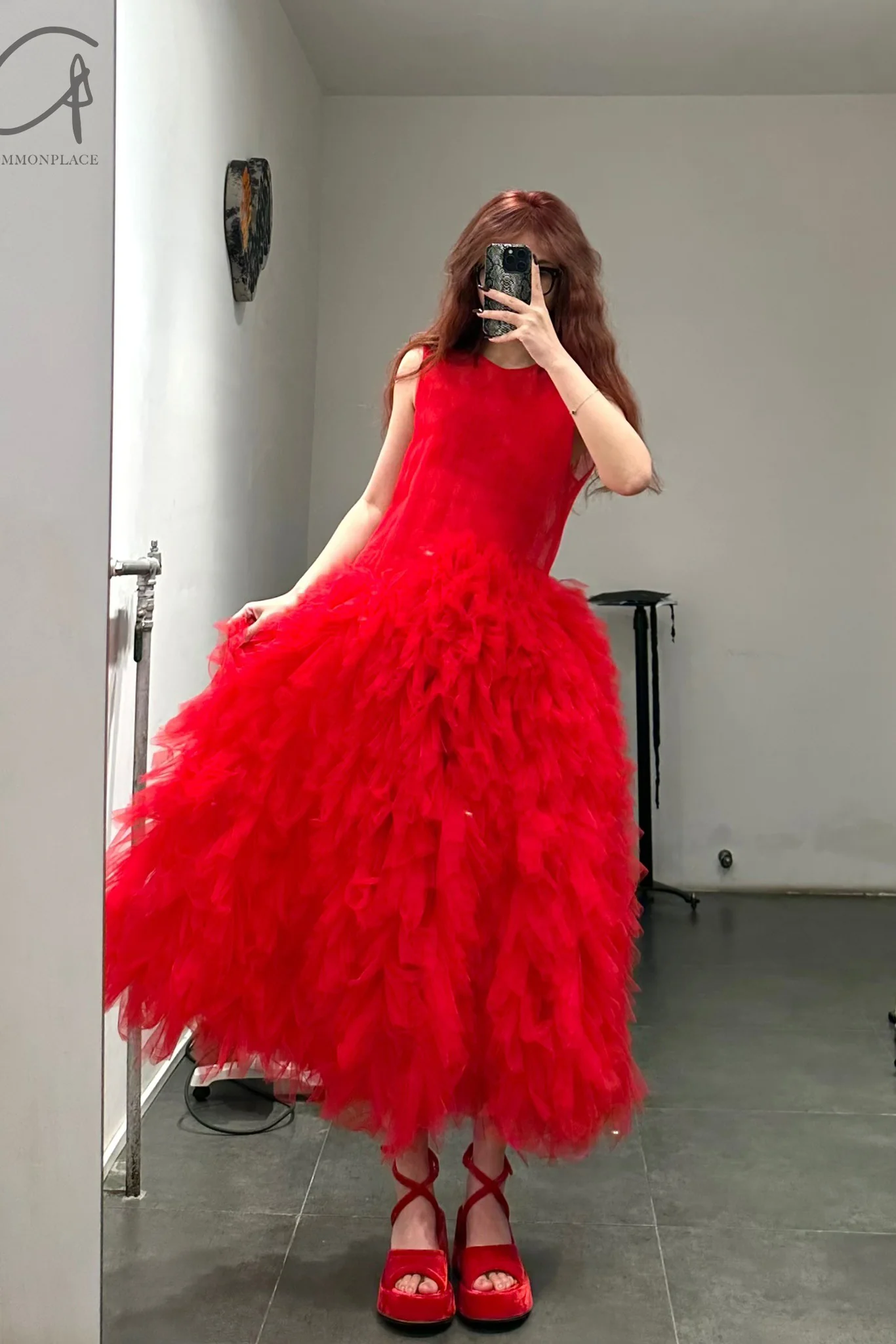 Caroline Hu red tulle folds wrinkle ruffled drill dresses CHRS23D04 - Image 6