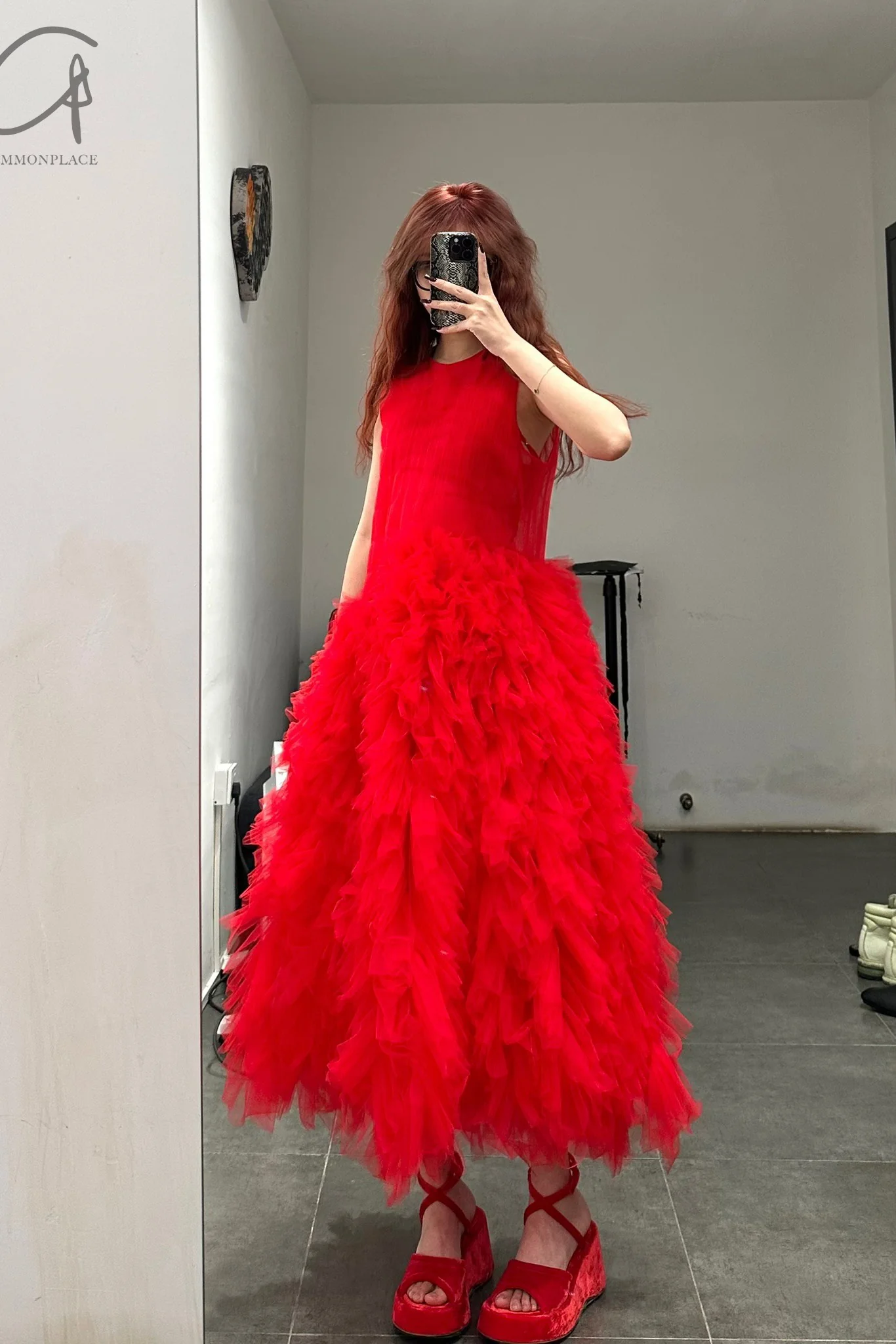 Caroline Hu red tulle folds wrinkle ruffled drill dresses CHRS23D04 - Image 7