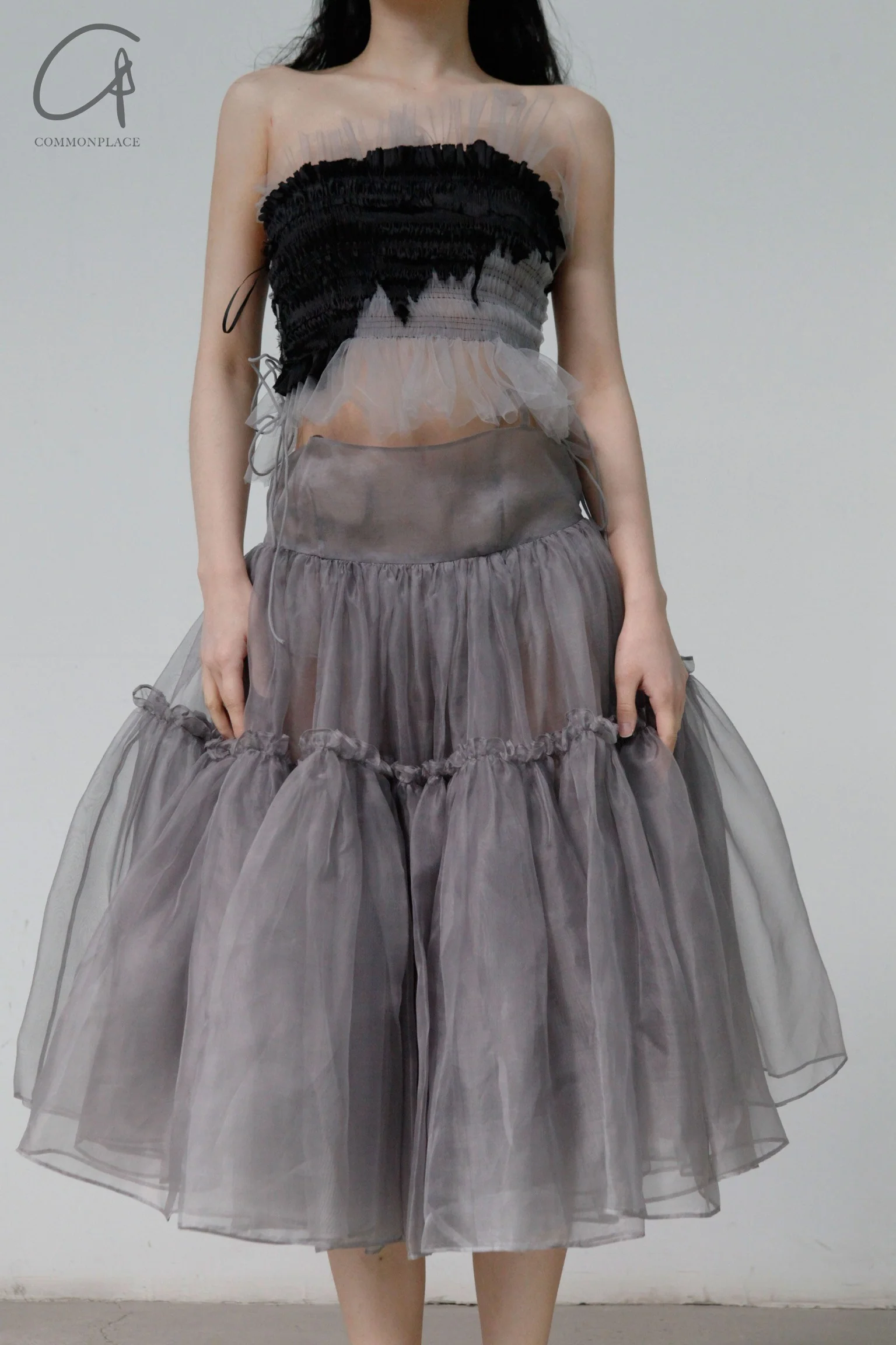CAROLINE HU Silk Sheer Dress SS22GYD15 Grey - Image 8