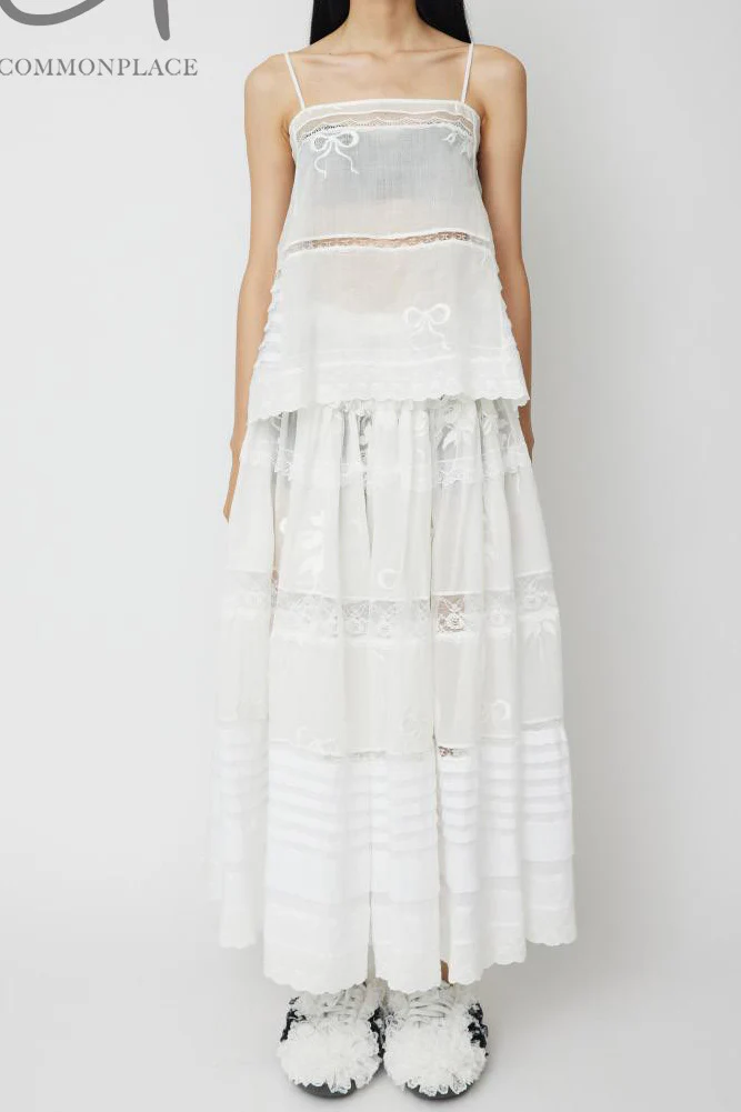 CAROLINE HU Bow Flower Embroidery Linen Lace Suit CH-CHSS24SK09-BAI Skirt CHSS24SK09 - Image 2