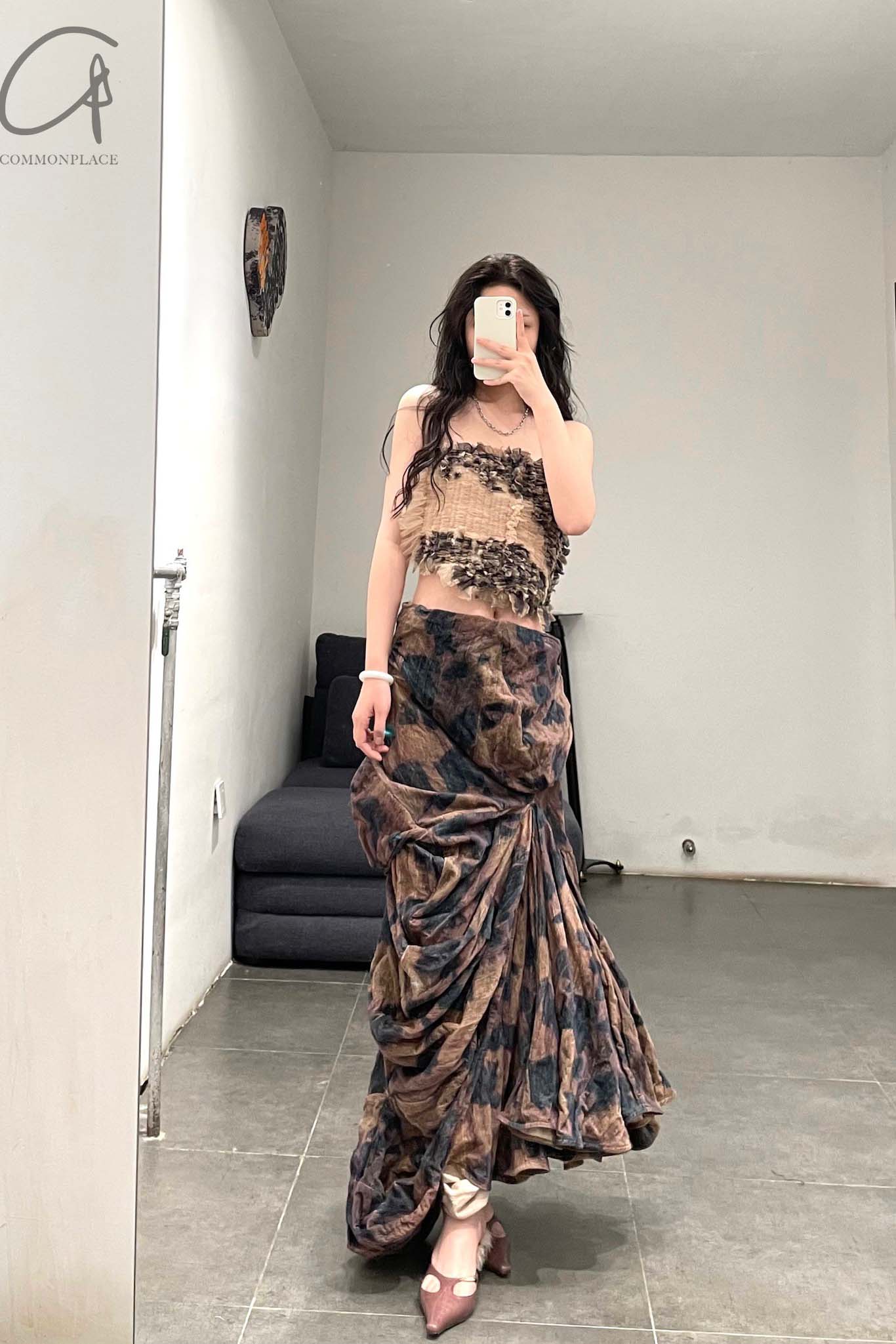CAROLINE HU Wrap Lace-up Top AW21BNT06S Brown Print PCH1 - Image 5