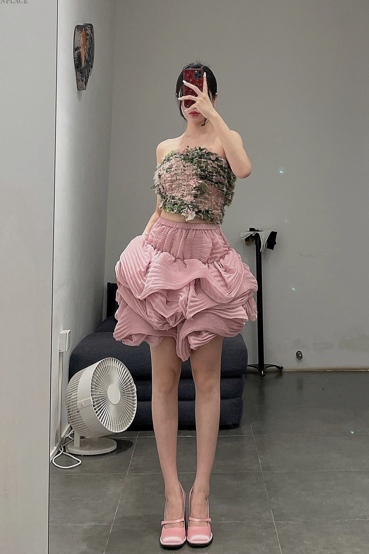 CAROLINE HU Wrap Lace-up Top AW21PKT06S Pink Green Print PCH1 - Image 11