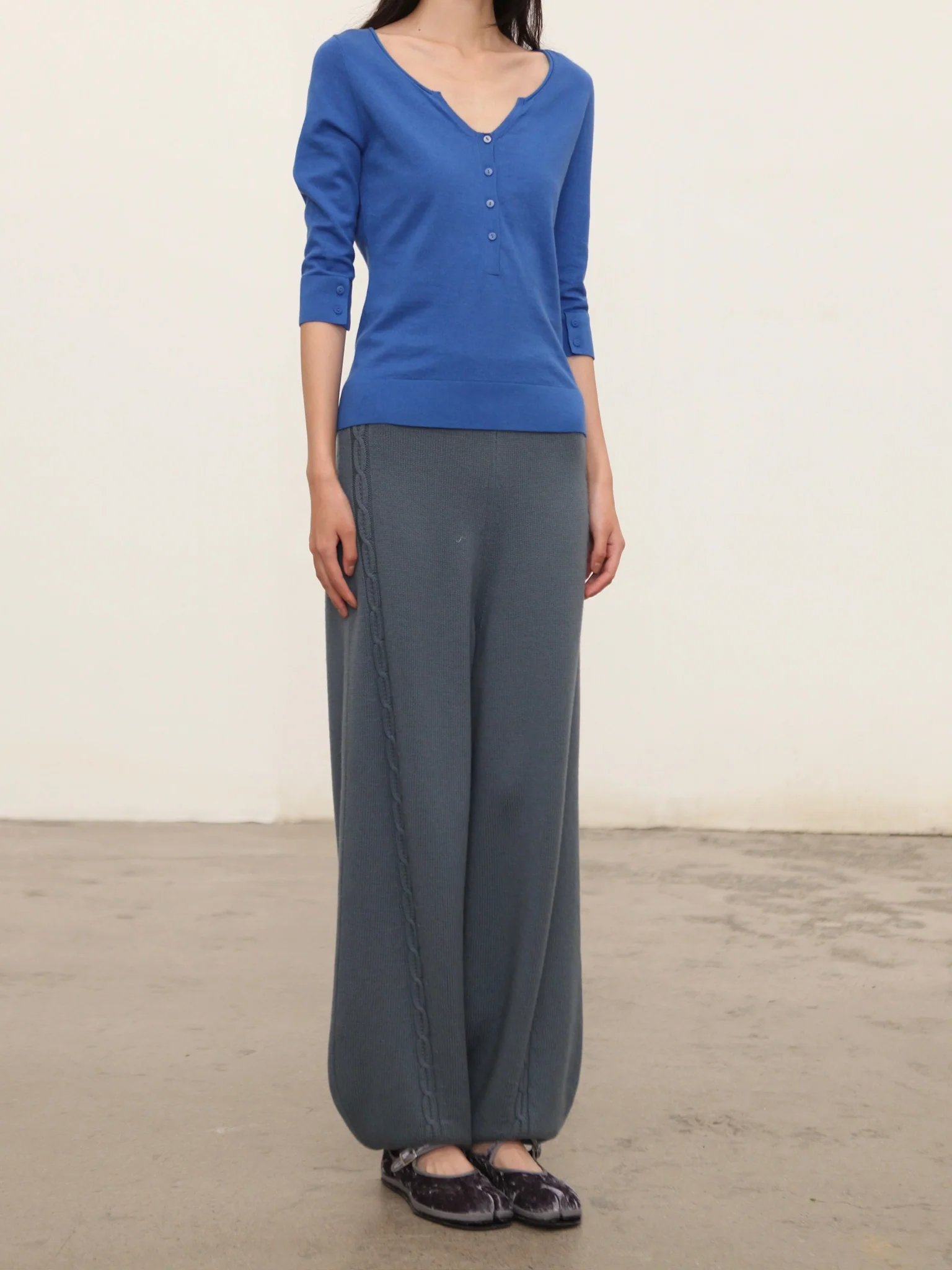 o cloche code 25 Fall/Winter Cotton Cashmere Mid-Sleeve Vest Knit OCC-OH01T875-KQL Peacock Blue - Image 2