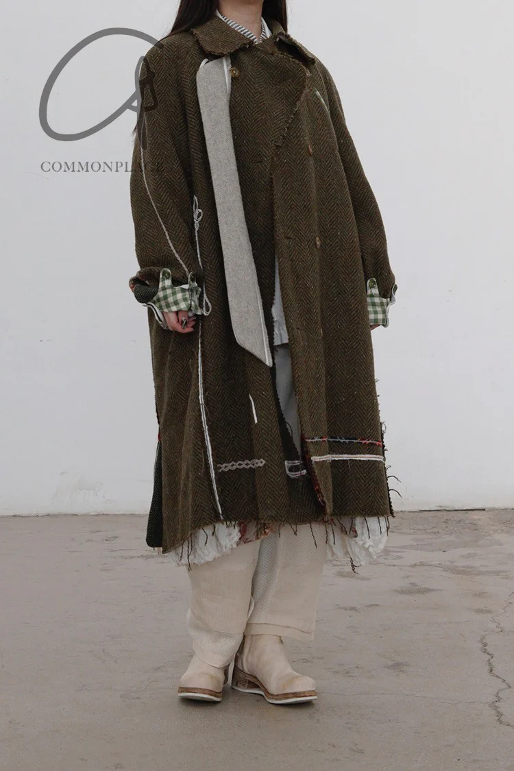 COMMUNS wool double-breasted double-breasted long woolen coat olive green AW21-M203 - Image 5