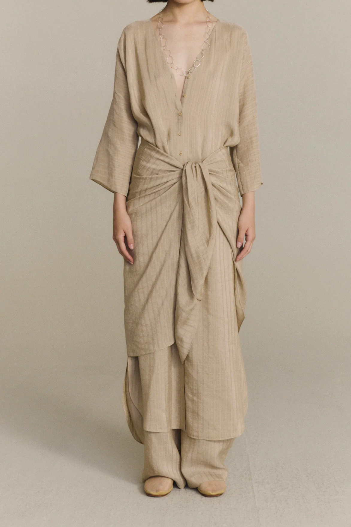 Cortana 25 Early Autumn Eloise Dress, Spain, CTN-PS26-A3859-BEIGE JACQUARD STRIPES
