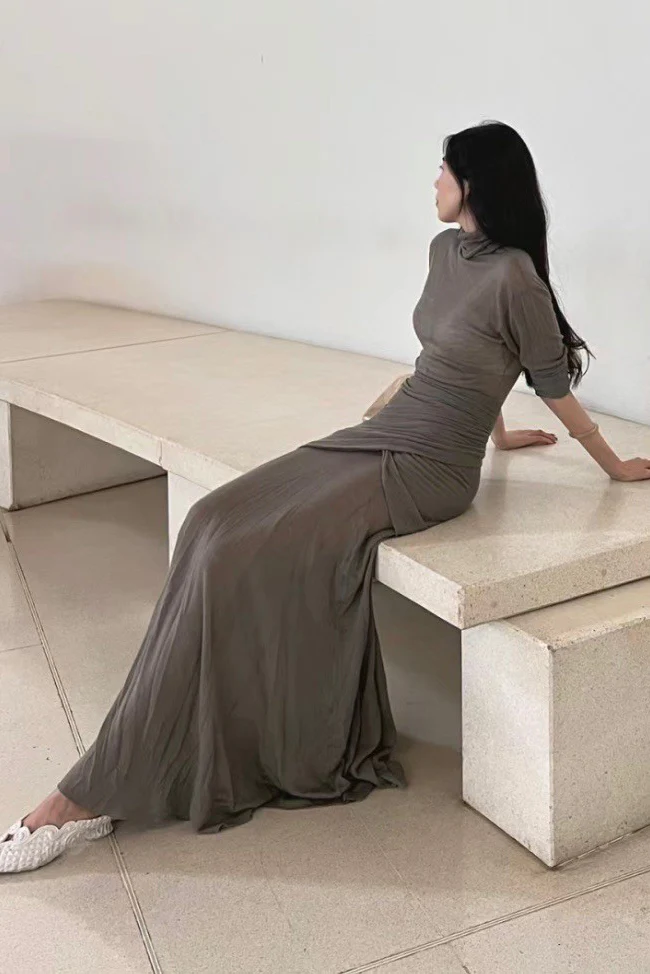 Cortana Maxi Dress with Cape CTN-A-3706-HUI Grey - Image 12
