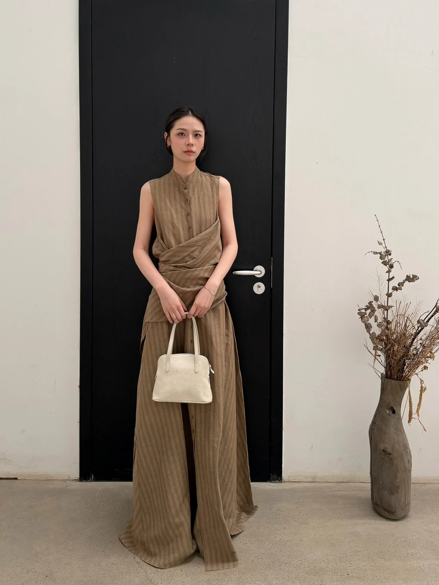 Cortana Spring/Summer 2026 Button-up Waist Striped Sleeveless Dress CTN-PS26-A3858-BROWN STRIPES - Image 8