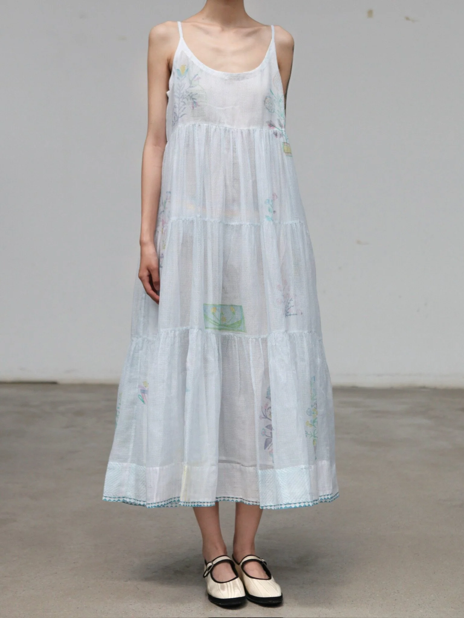 EKA 25 Spring/Summer Round Deep Neck Adjustable Spaghetti Straps Pleated Layered Dress EKA-SS/25/93/IKUMI-BLUE - Image 3