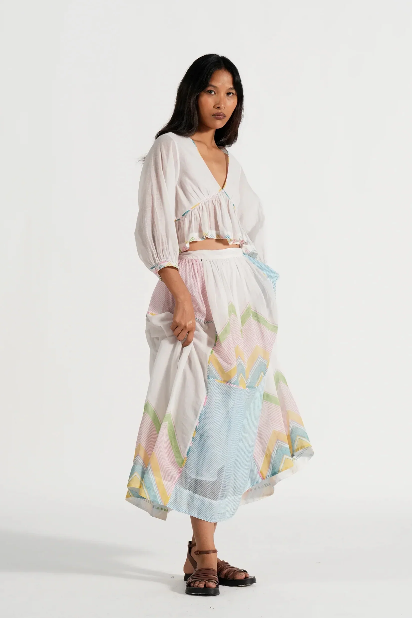 EKA KOTA Spring/Summer 2026 Multicolor Hand-Printed Herringbone Cropped Top EKA-SS26147PLATH-3-WHITE - Image 10
