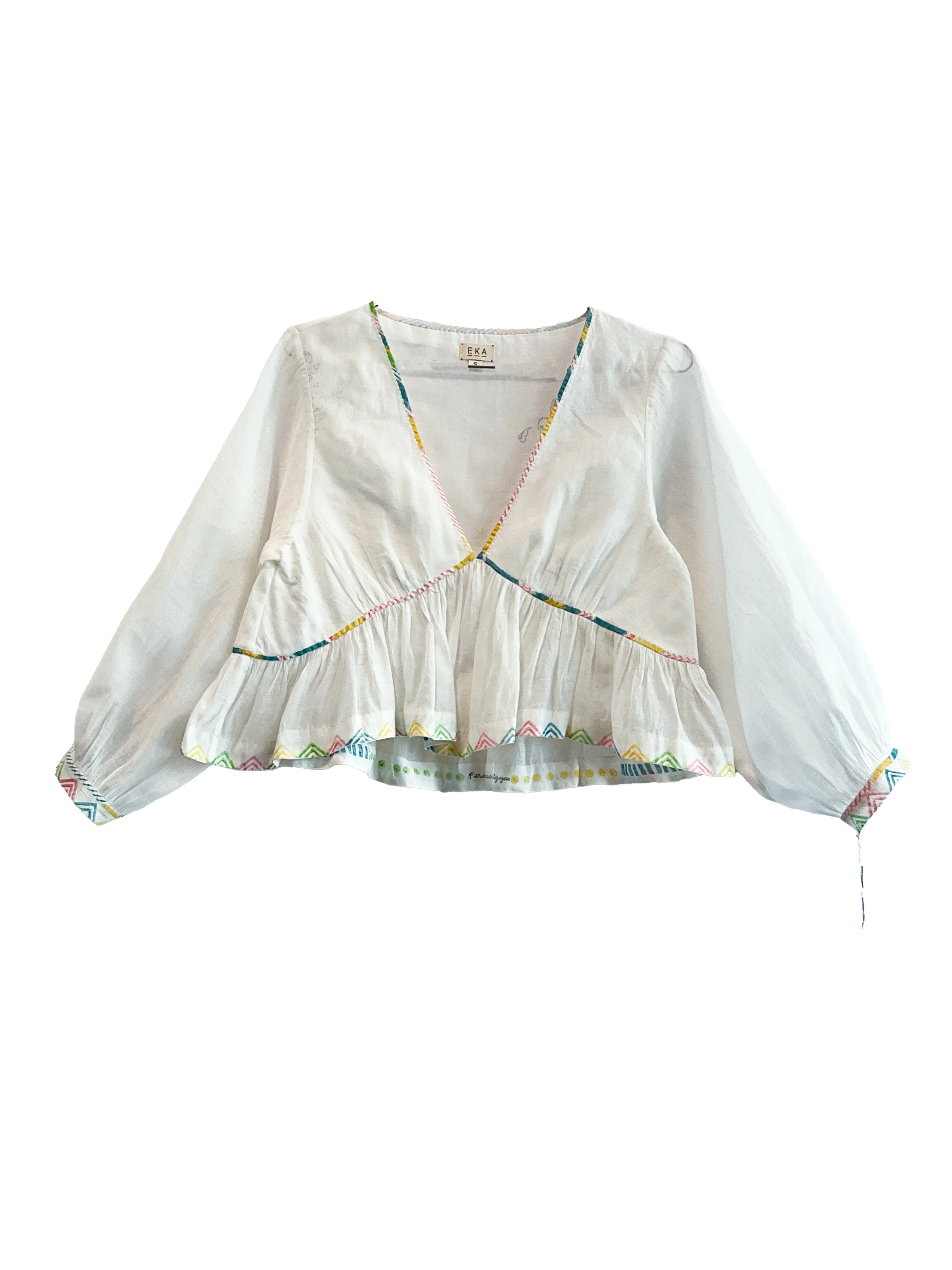 EKA KOTA Spring/Summer 2026 Multicolor Hand-Printed Herringbone Cropped Top EKA-SS26147PLATH-3-WHITE - Image 8
