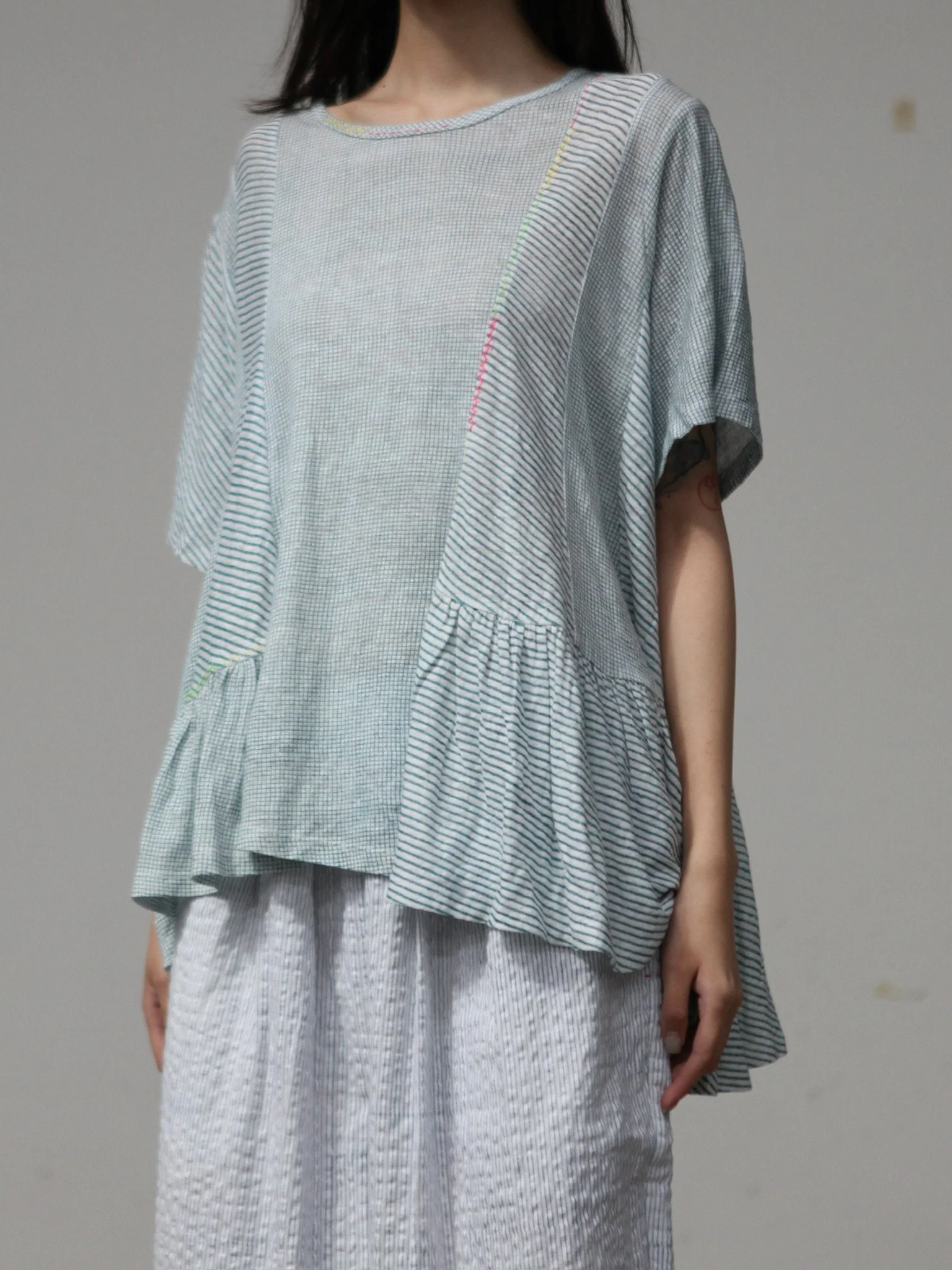 EKA KOTA Spring/Summer '26 Flared Sleeve Paneled Longline T-Shirt — EKA-SS26264WHIT-2-SKY BLUE - Image 4