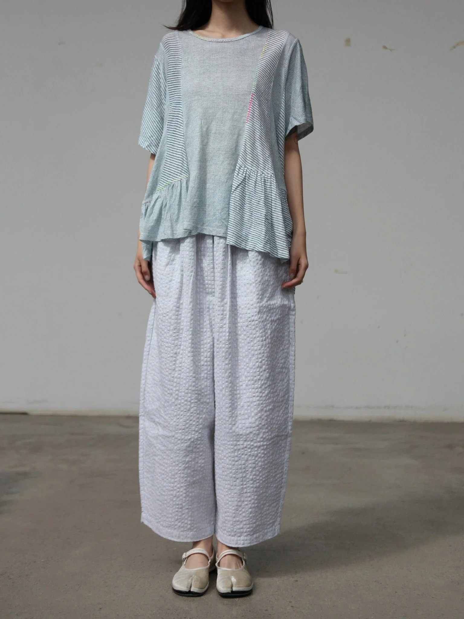EKA Spring/Summer 2026 Checkered Cotton Crinkled Fabric Balloon Loose Pants EKA-CR/25/38/MITSKI-WHITE - Image 5