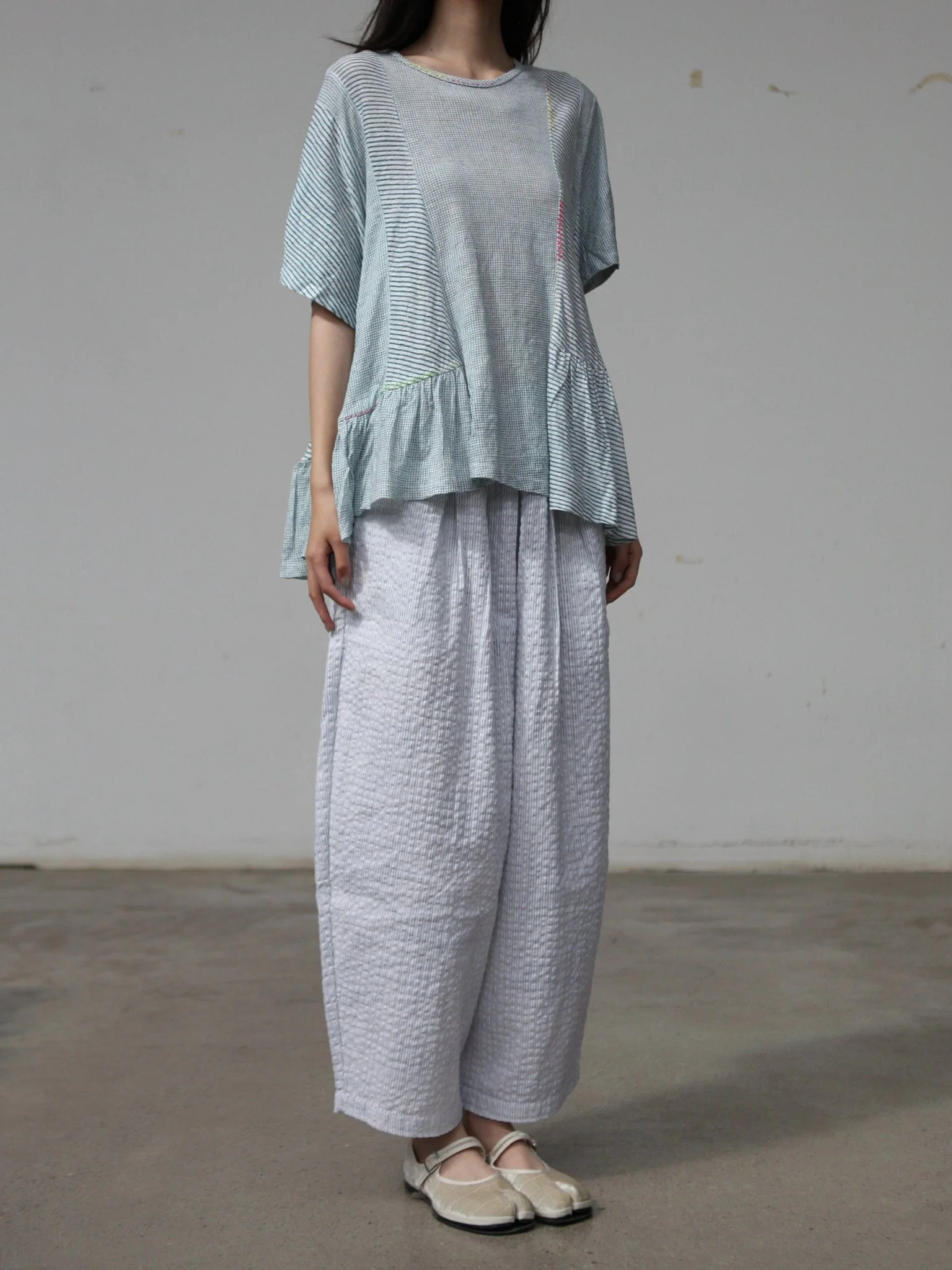 EKA Spring/Summer 2026 Checkered Cotton Crinkled Fabric Balloon Loose Pants EKA-CR/25/38/MITSKI-WHITE - Image 6