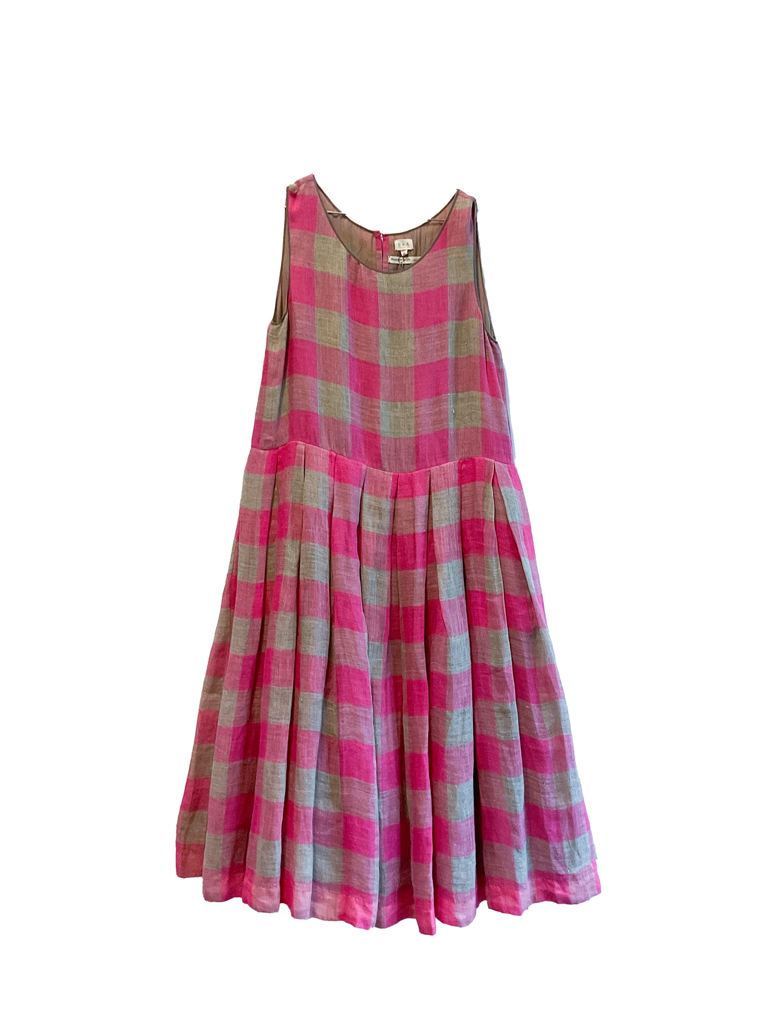 EKA Spring/Summer 2026 Hand-woven Checkered Gauze Sleeveless Pleated Midi Dress EKA-SS2693BASIL-1-ROUGE PINK - Image 9