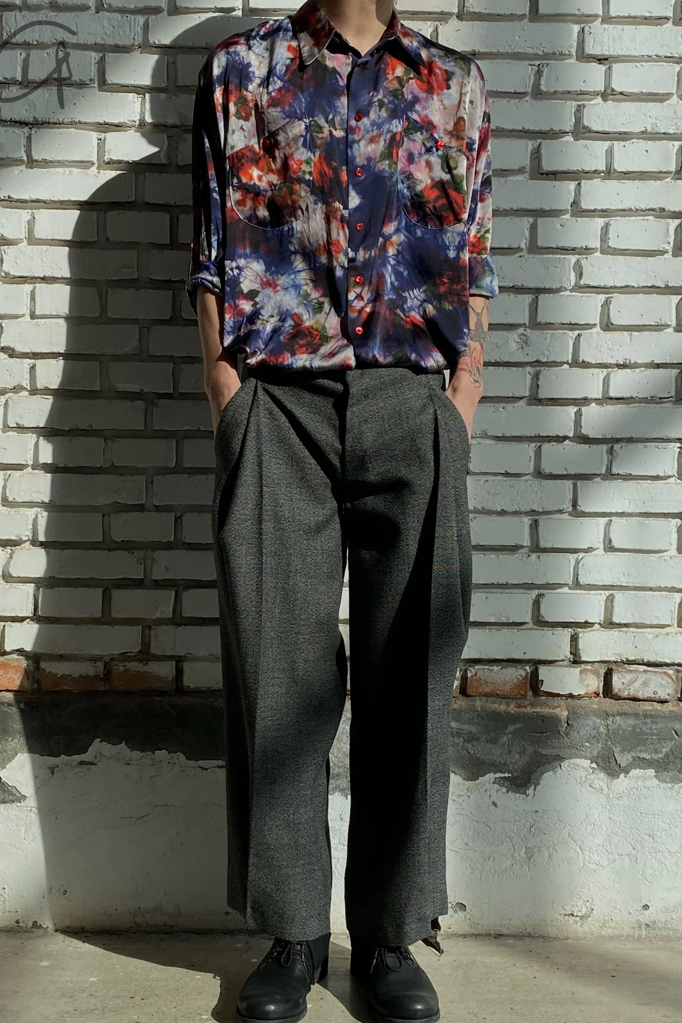 GEOFFREY B. SMALL Silk lining hand-dyed shirt Adjustable short sleeve Unisex GBS-HUS11-HUARAN Flower dyeing - Image 13