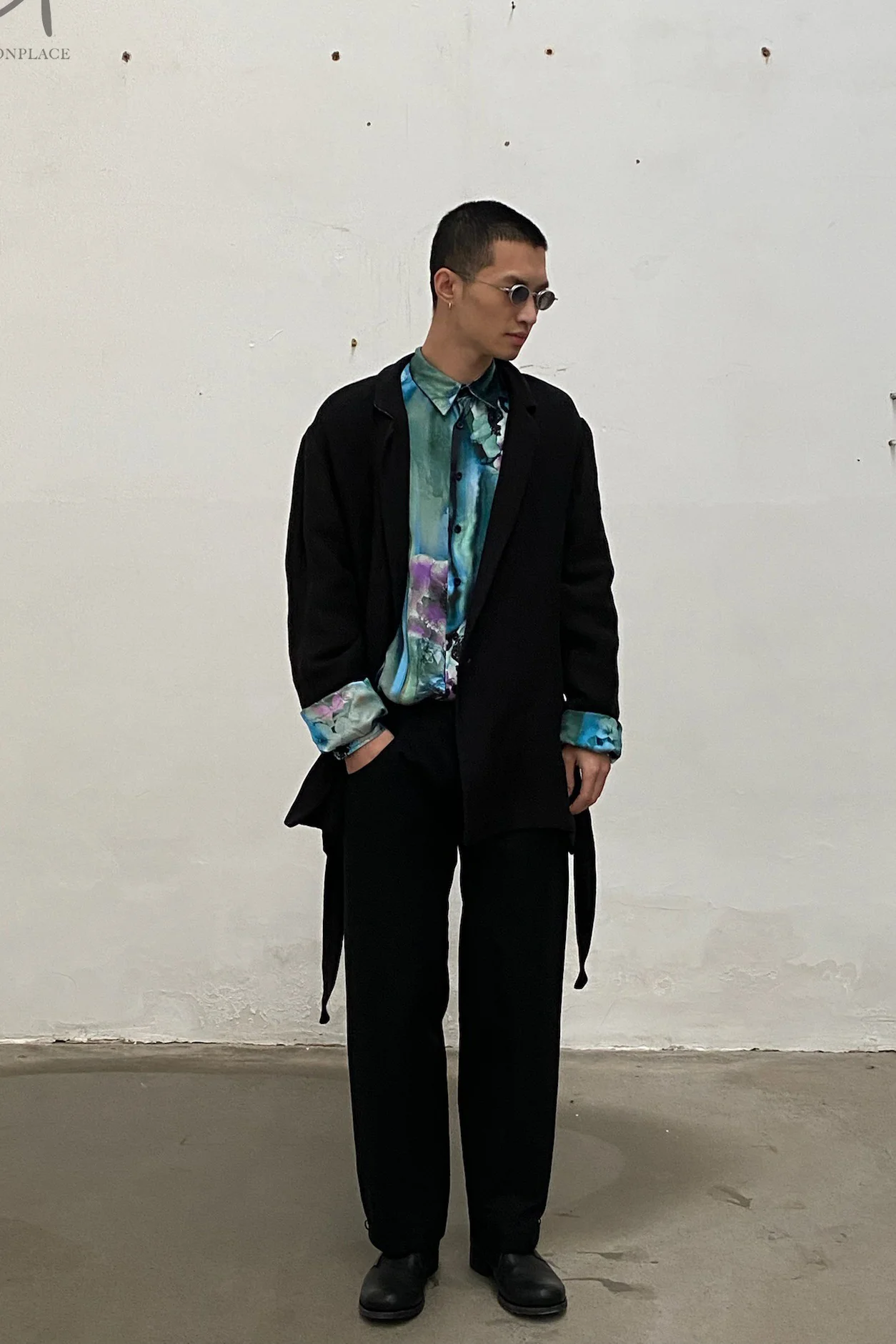 Geoffrey B. Small short belt casual kimono jacket CVJ05 blue black print black 2 - Image 12