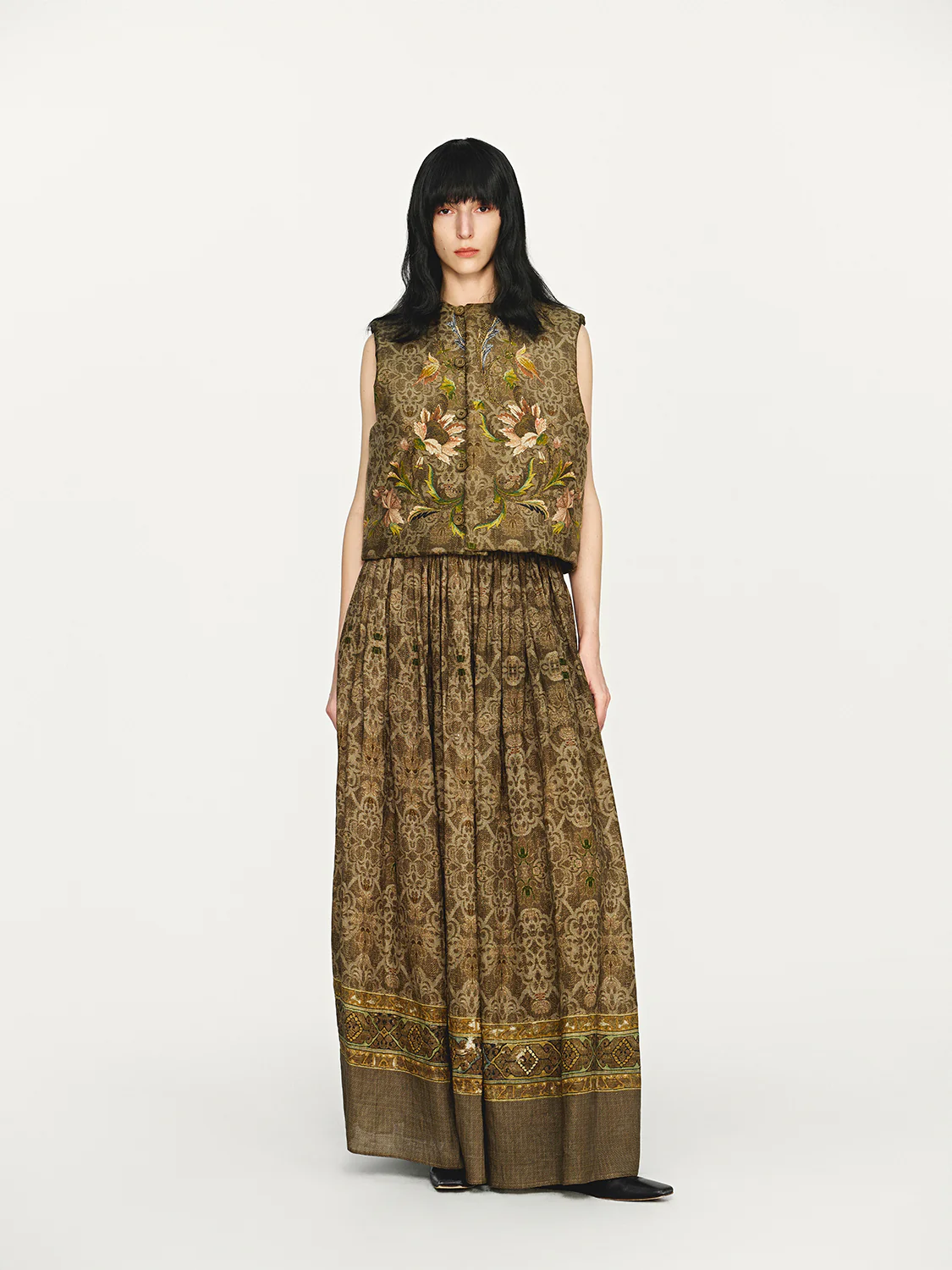 INTO THE EAST 25 Autumn and Winter Moss Green Dark Pattern Print Linen Skirt ITE-E1DGAW006GR21SK-LV Green - Image 11