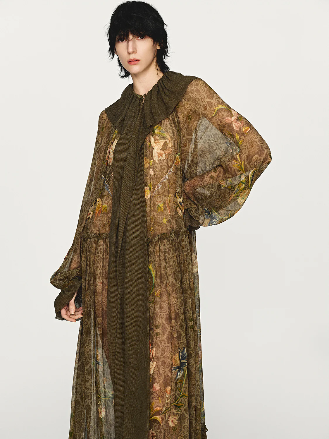 INTO THE EAST 25 Autumn/Winter Lotus Collar Silk Print Ribbon Dress ITE-E1DGAW016GR21DS-LV Green - Image 12