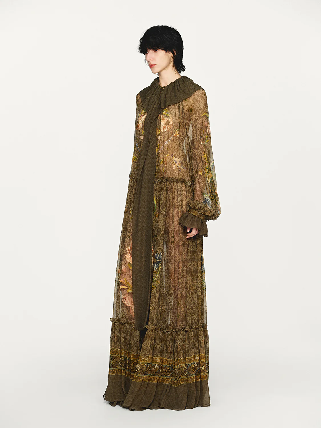 INTO THE EAST 25 Autumn/Winter Lotus Collar Silk Print Ribbon Dress ITE-E1DGAW016GR21DS-LV Green - Image 13