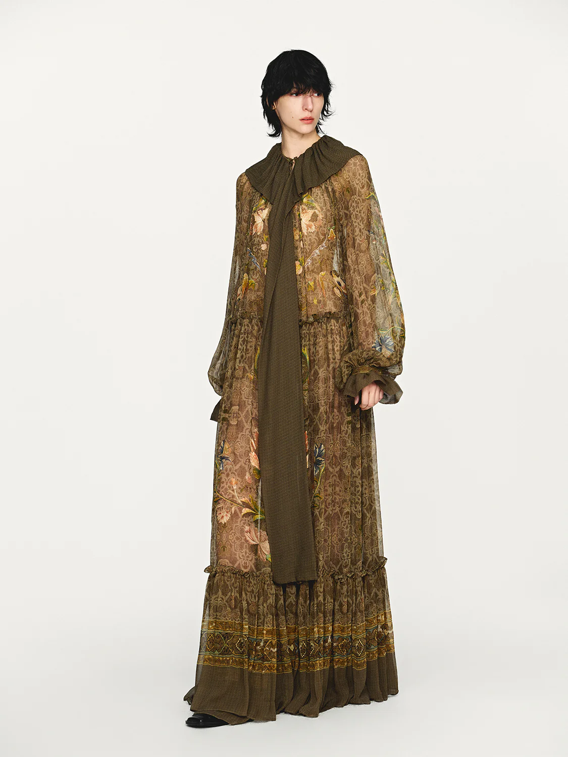 INTO THE EAST 25 Autumn/Winter Lotus Collar Silk Print Ribbon Dress ITE-E1DGAW016GR21DS-LV Green - Image 15