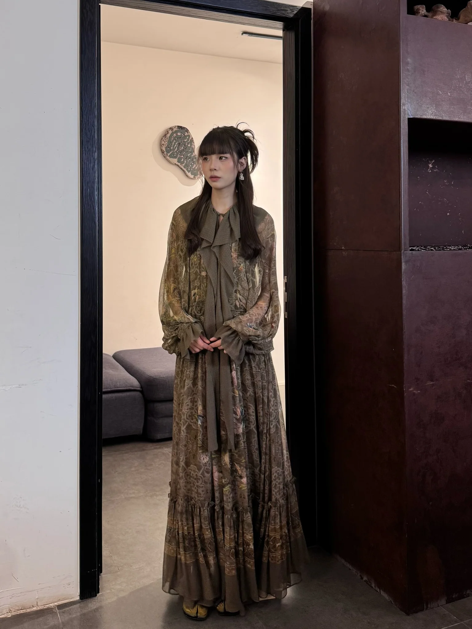 INTO THE EAST 25 Autumn/Winter Lotus Collar Silk Print Ribbon Dress ITE-E1DGAW016GR21DS-LV Green - Image 19