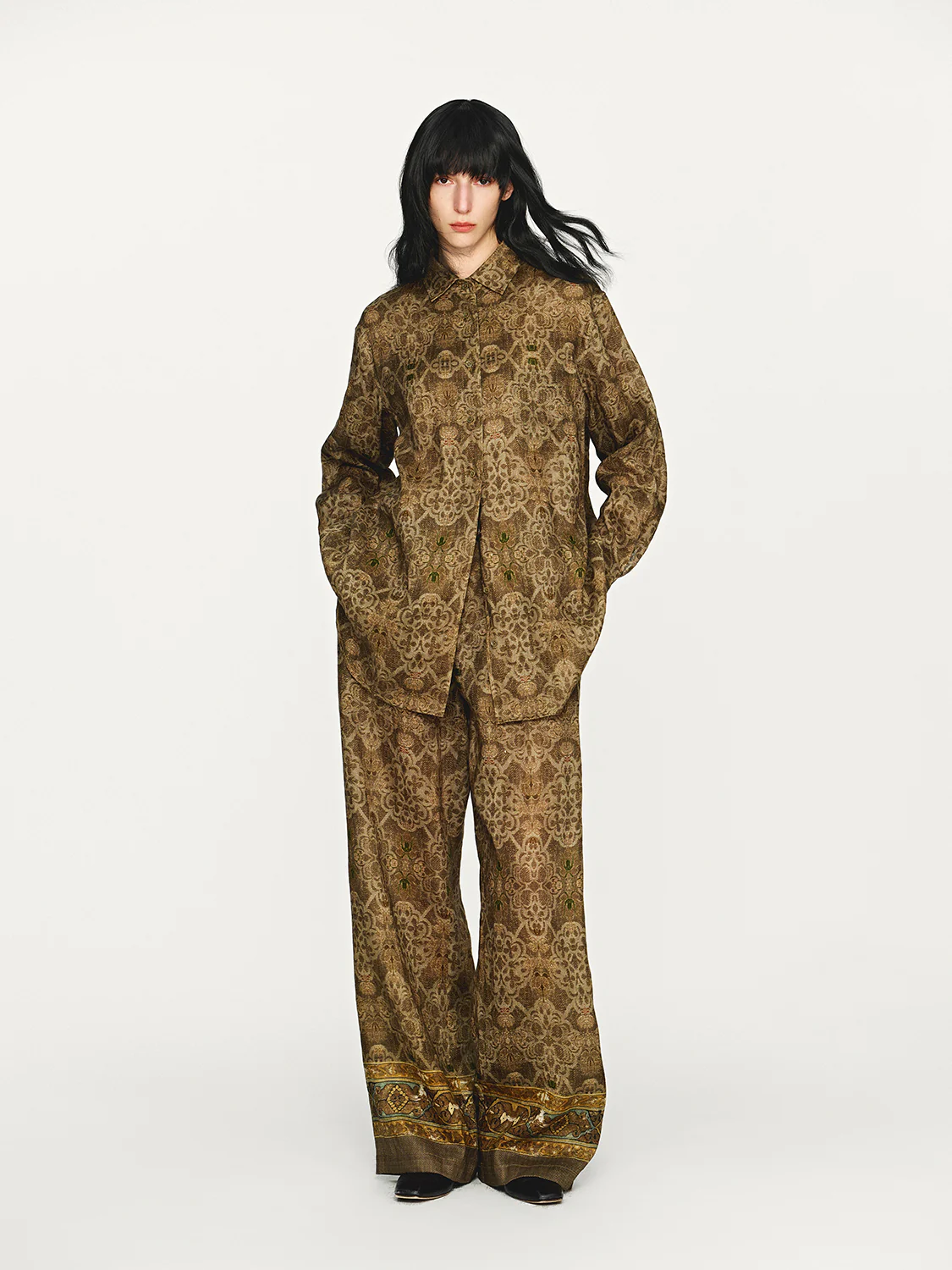 INTO THE EAST 25 Autumn/Winter Moss Green Dark Pattern Print Linen Shirt/Straight Pants ITE-E1DGAW005GR21PT-LV Pants (E1DGAW004GR21SH) - Image 11