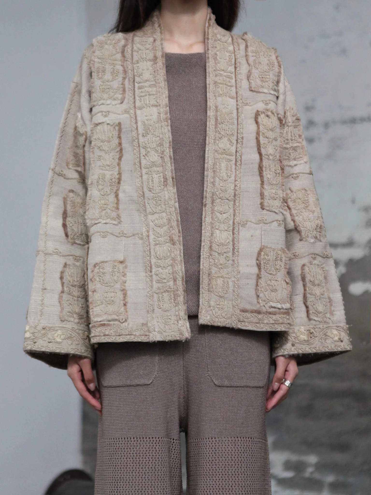 INTO THE EAST 25 Autumn/Winter Tussah Silk Patchwork Cardigan Jacket ITE-E1DGSS012SD22JK-SHA Sand - Image 4