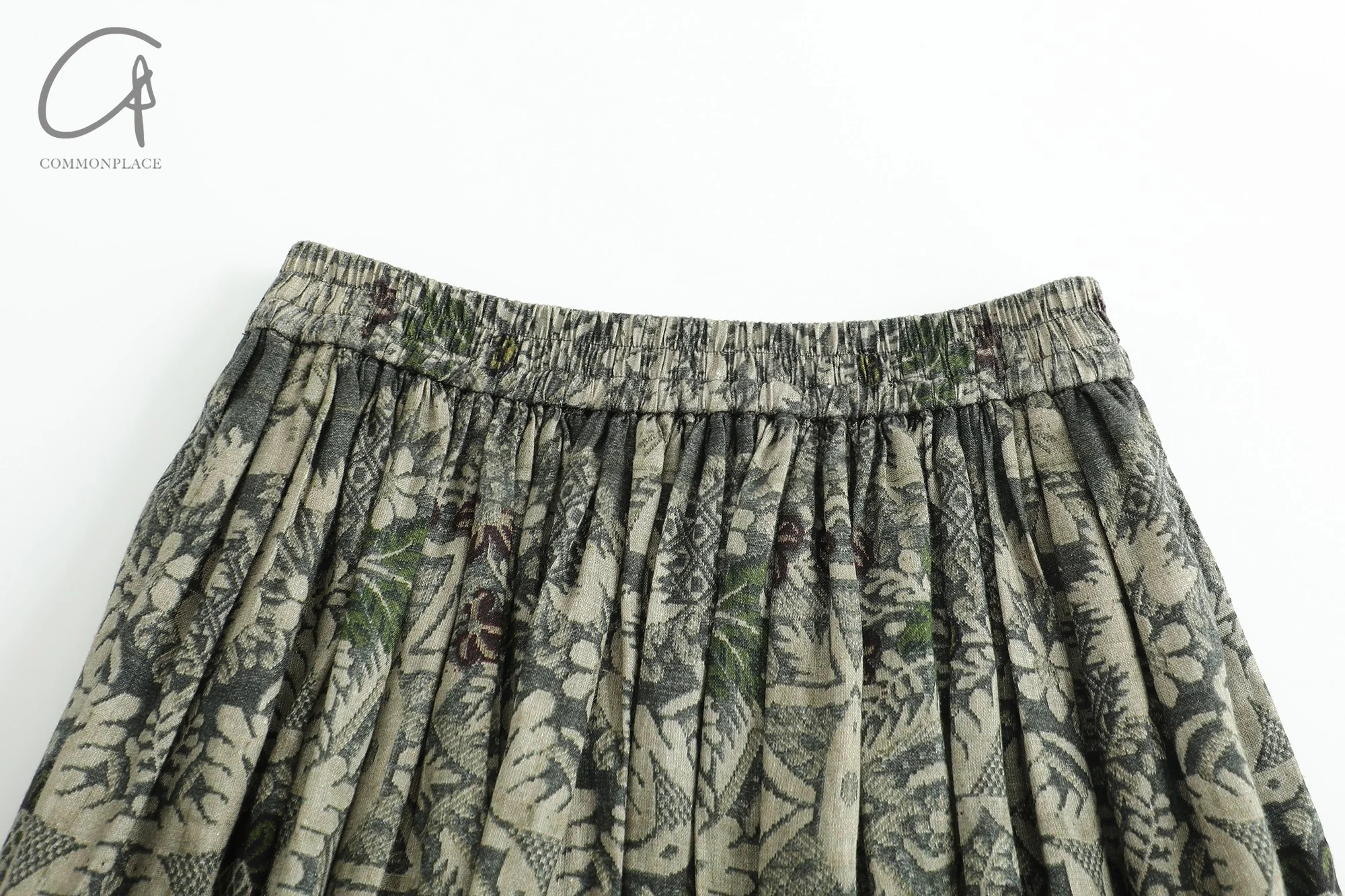 INTO THE EAST 25 Spring/Summer Linen Retro Print Skirt ITE-E1DGSS013GR21SK-ML Dark Green - Image 10