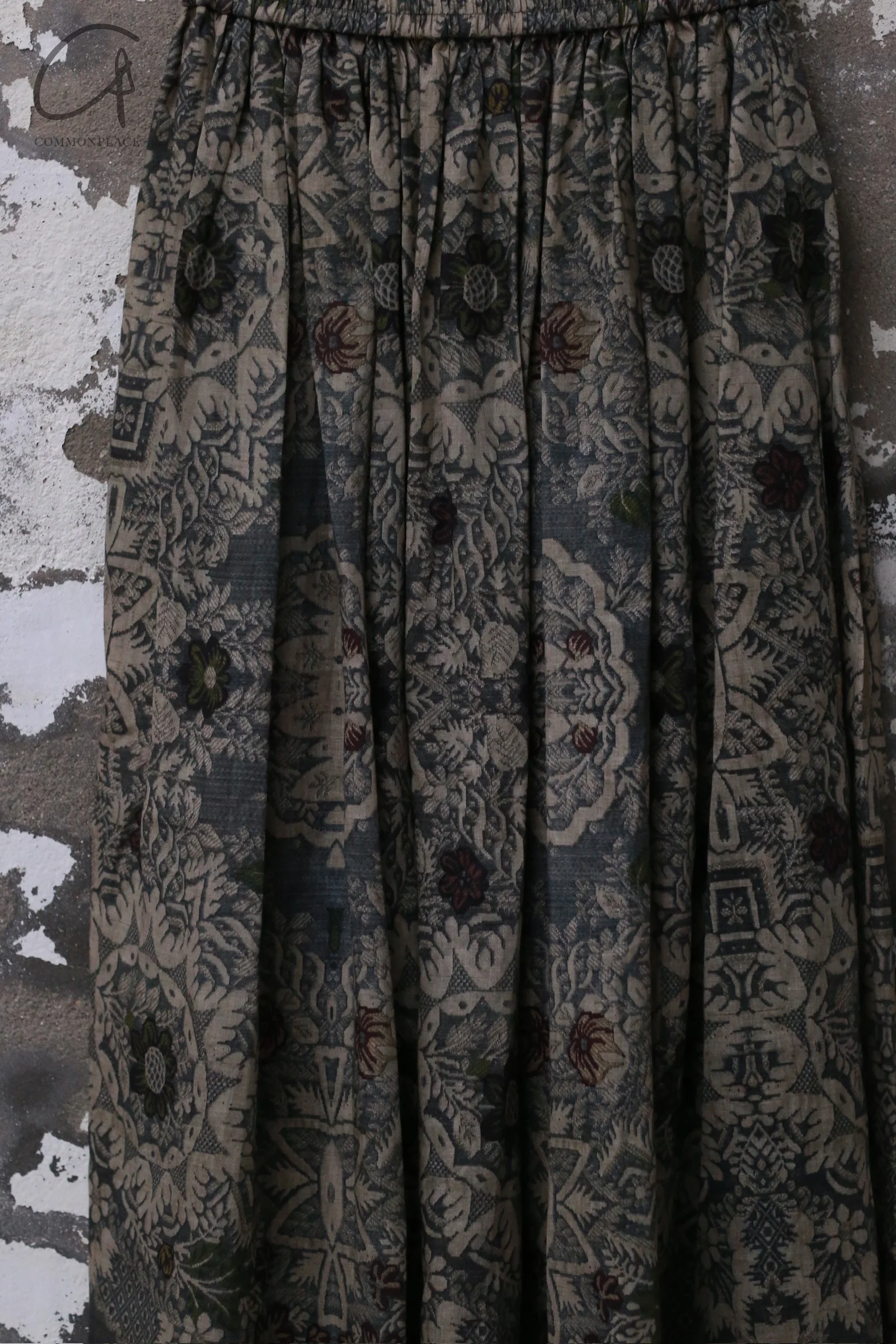 INTO THE EAST 25 Spring/Summer Linen Retro Print Skirt ITE-E1DGSS013GR21SK-ML Dark Green - Image 2