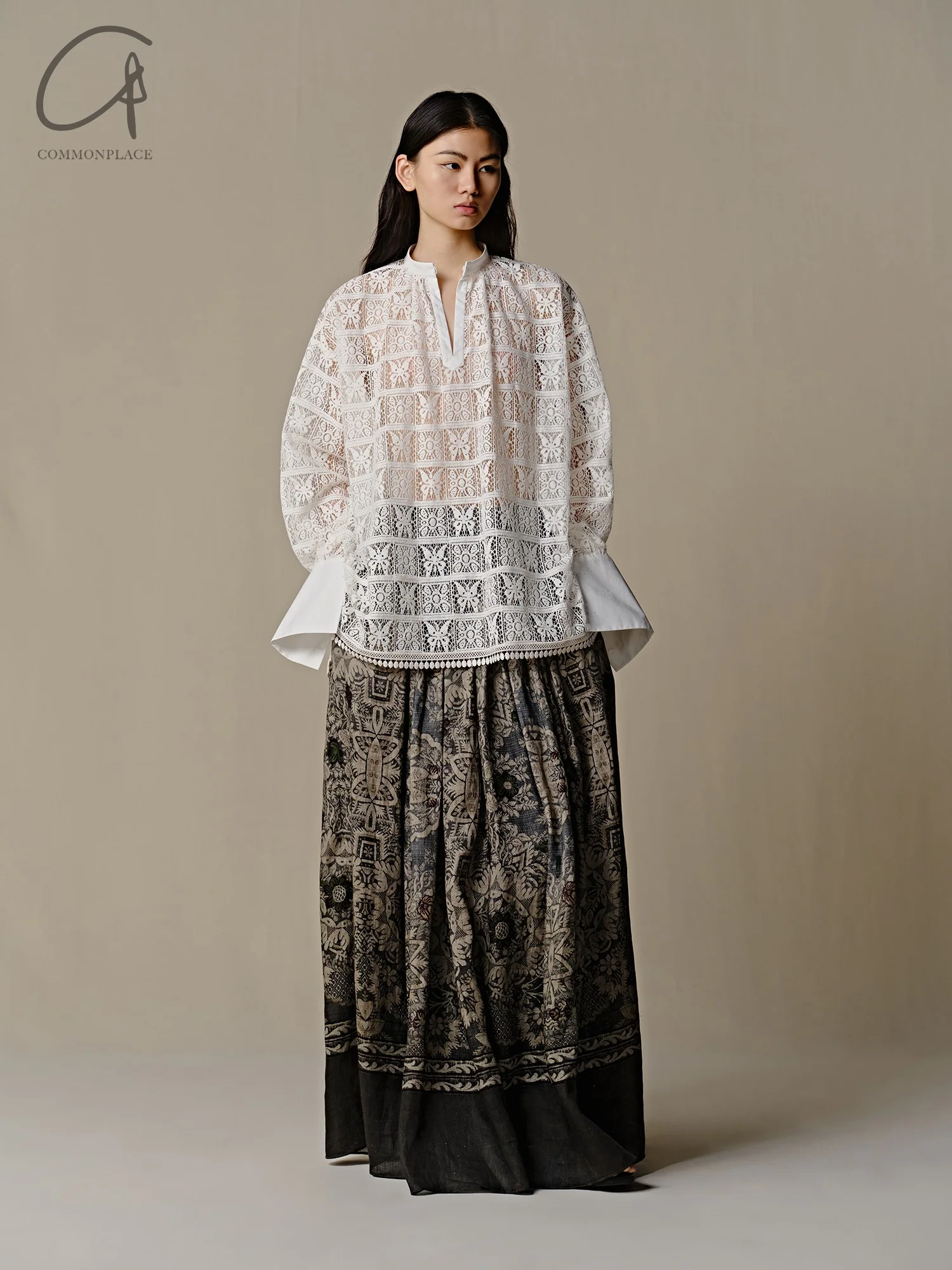 INTO THE EAST 25 Spring/Summer Linen Retro Print Skirt ITE-E1DGSS013GR21SK-ML Dark Green - Image 5