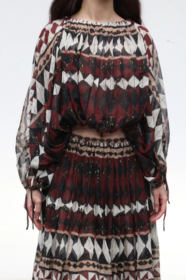 INTO THE EAST 25 Spring/Summer Silk Geometric Drawstring Top ITE-E1DGSS011BR21TP-HZ Red Brown