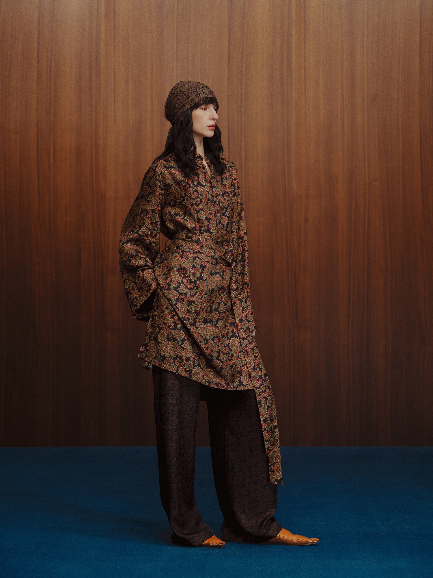 INTO THE EAST Dark Brown Paisley Lace-Up Silk Top Shirt ITE-E1DGSC009NCC21TP-HUA Color - Image 12