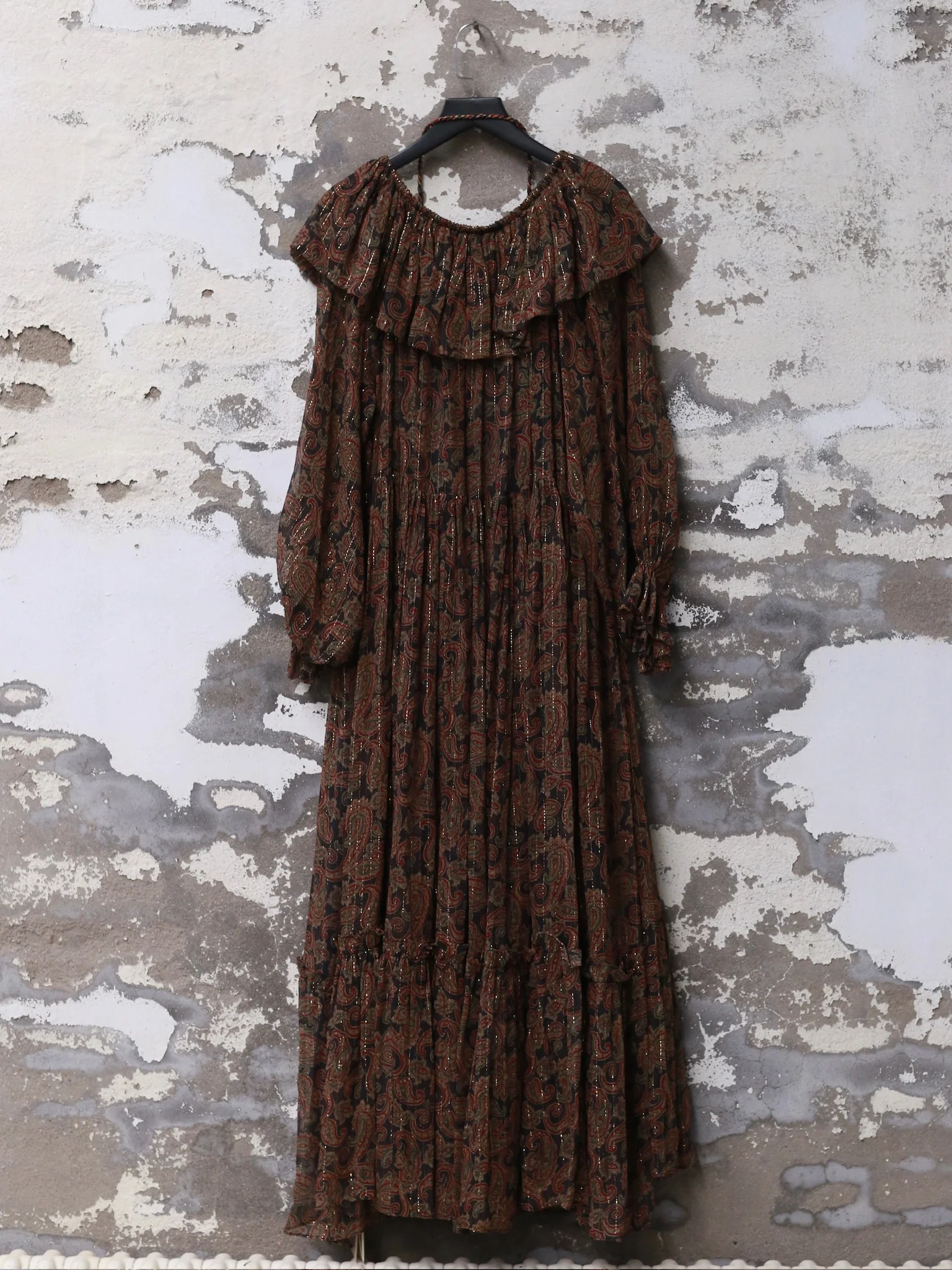INTO THE EAST Dark Brown Paisley Pattern Ruffle Collar Silk Dress ITE-E1DGSC015NCC21DS-HUA Color - Image 14