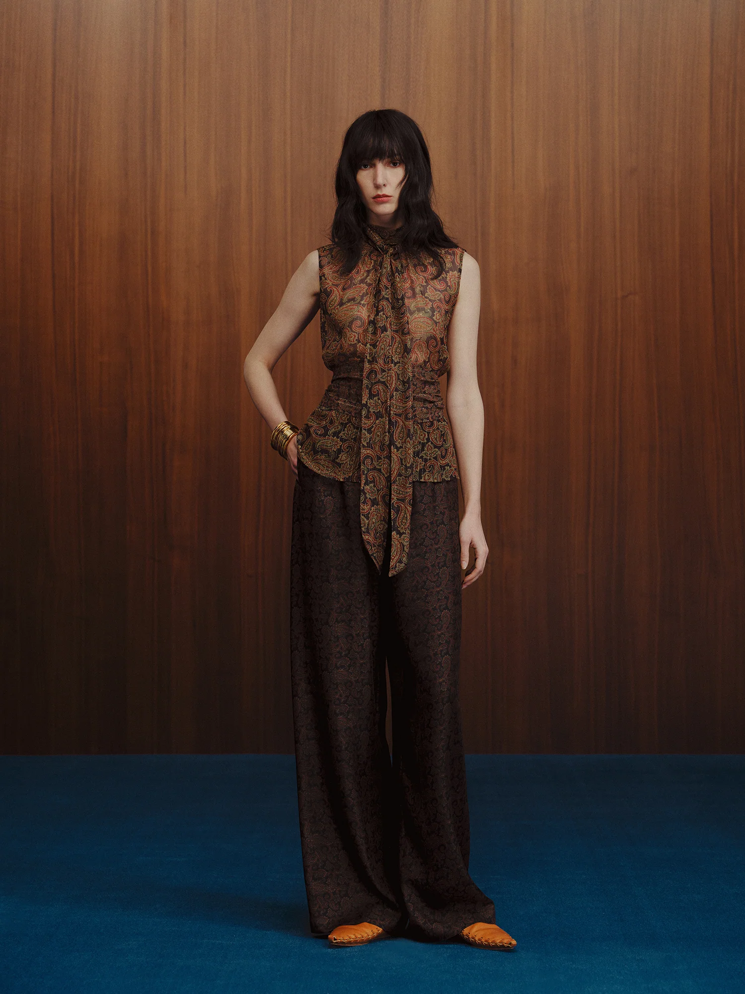 INTO THE EAST Gold Paisley pattern ribbon sleeveless silk top vest ITE-E1DGSC005NCC21TP-HUA Color - Image 11