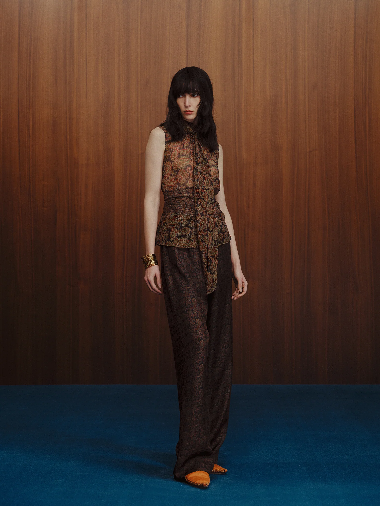 INTO THE EAST Gold Paisley pattern ribbon sleeveless silk top vest ITE-E1DGSC005NCC21TP-HUA Color - Image 12