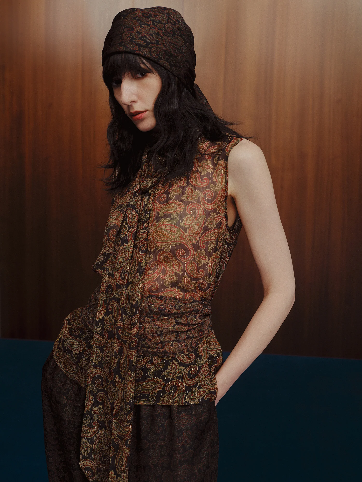 INTO THE EAST Gold Paisley pattern ribbon sleeveless silk top vest ITE-E1DGSC005NCC21TP-HUA Color - Image 8