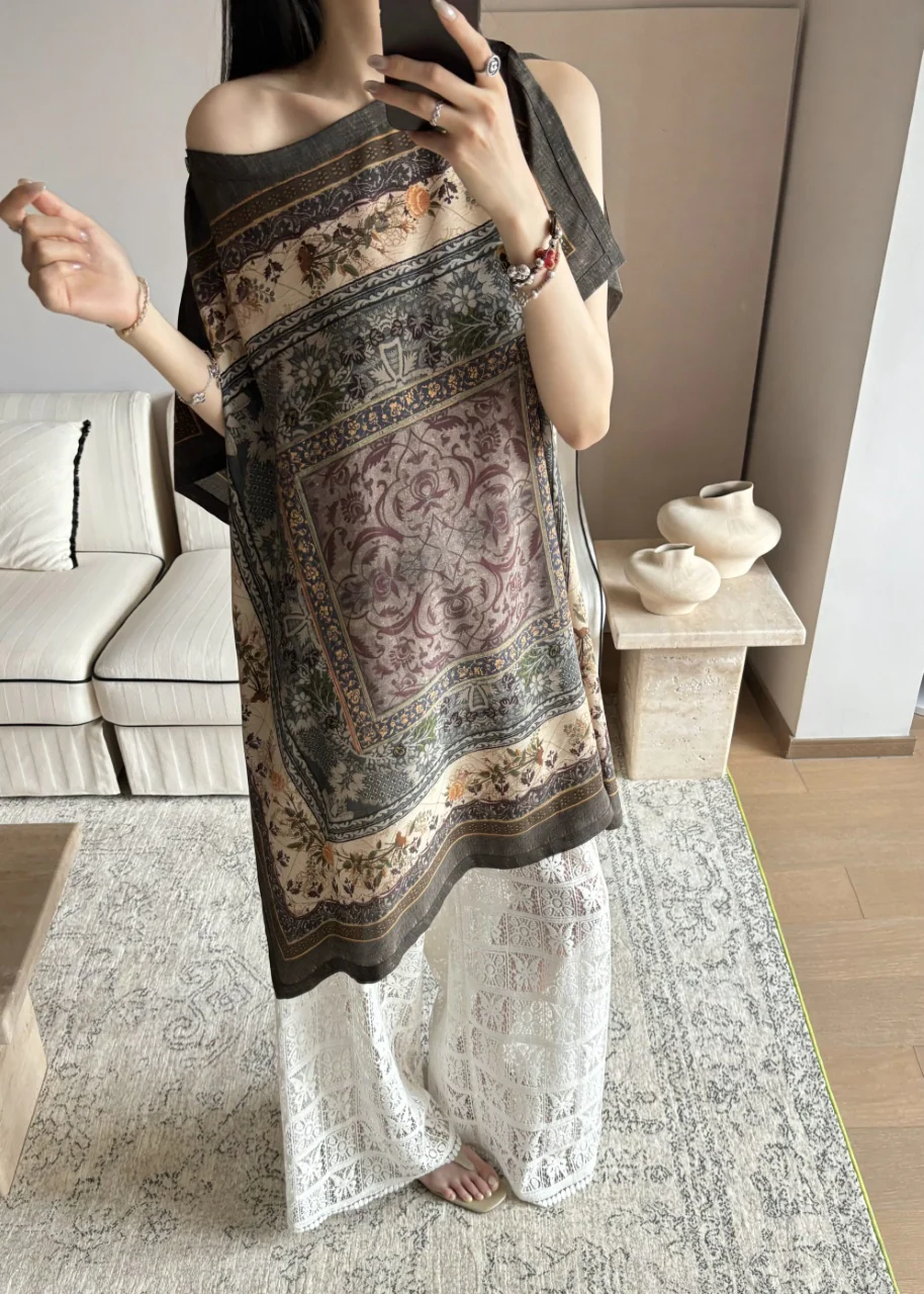 INTO THE EAST Silk vintage print cape shirt ITE-E1DGSS021GR21TP-MOLV dark green - Image 11