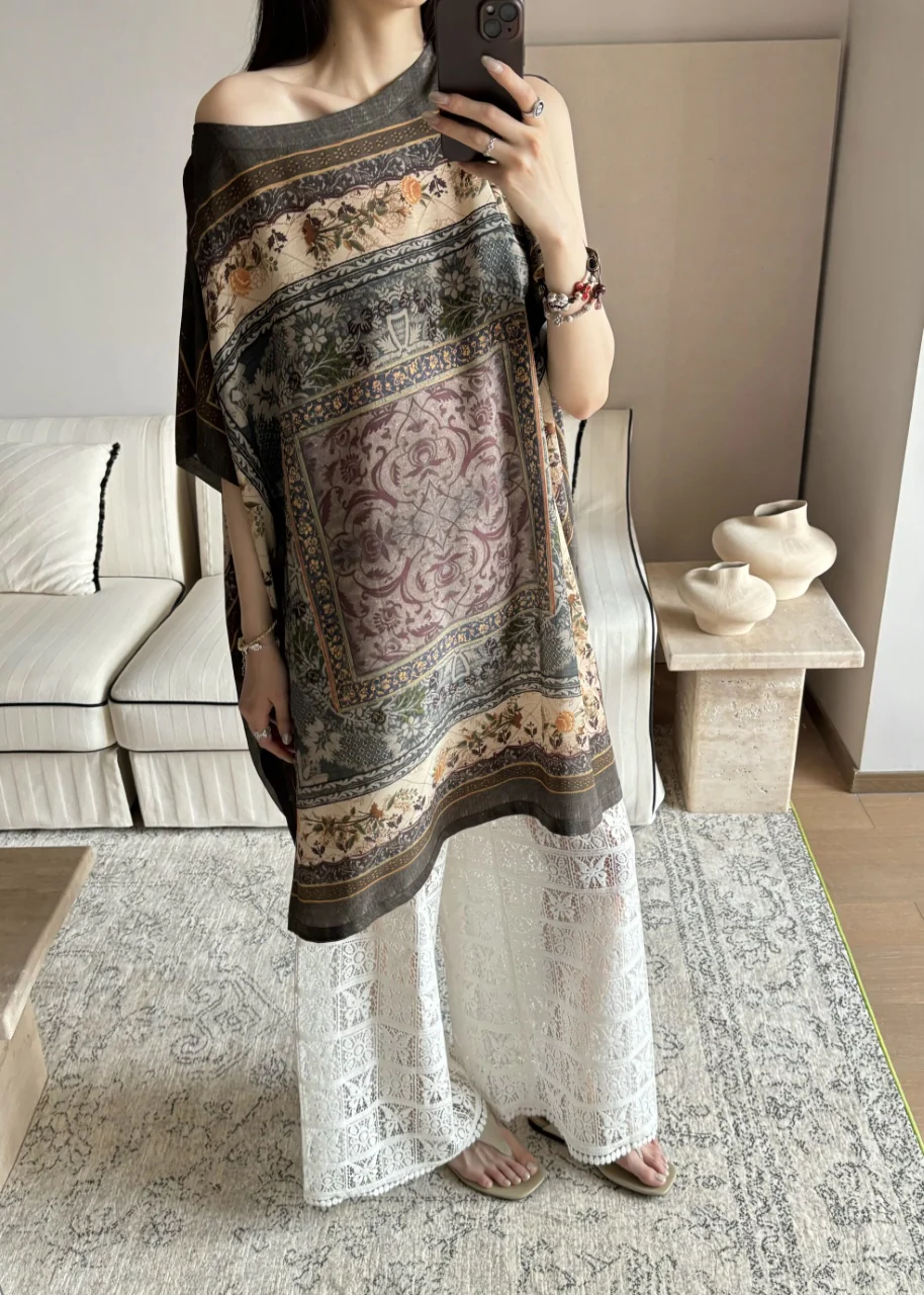 INTO THE EAST Silk vintage print cape shirt ITE-E1DGSS021GR21TP-MOLV dark green - Image 12