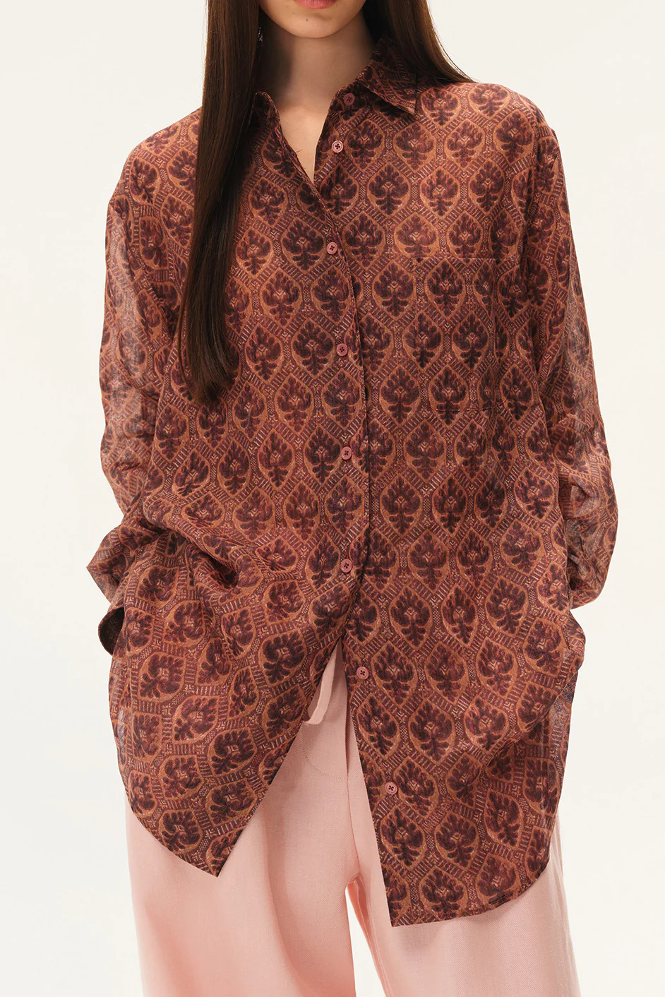 INTO THE EAST Spring/Summer 2026 Floral, Bird, and Tree Collared Shirt / Embroidered Elastic Waist Straight Leg Pants ITE-E1JBSSSH21009RE-SLH Shirt