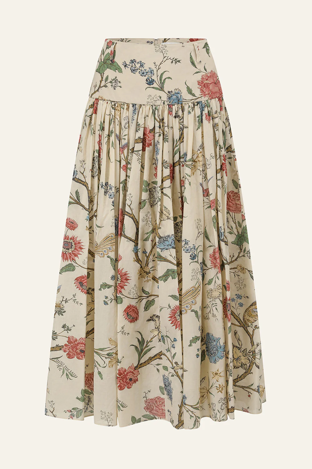 INTO THE EAST Spring/Summer 2026 Floral, Bird, and Tree Patchwork Pleated Loose-fitting Midi Skirt ITE-E1JBSSSK21024NCC-HUA Floral Pattern