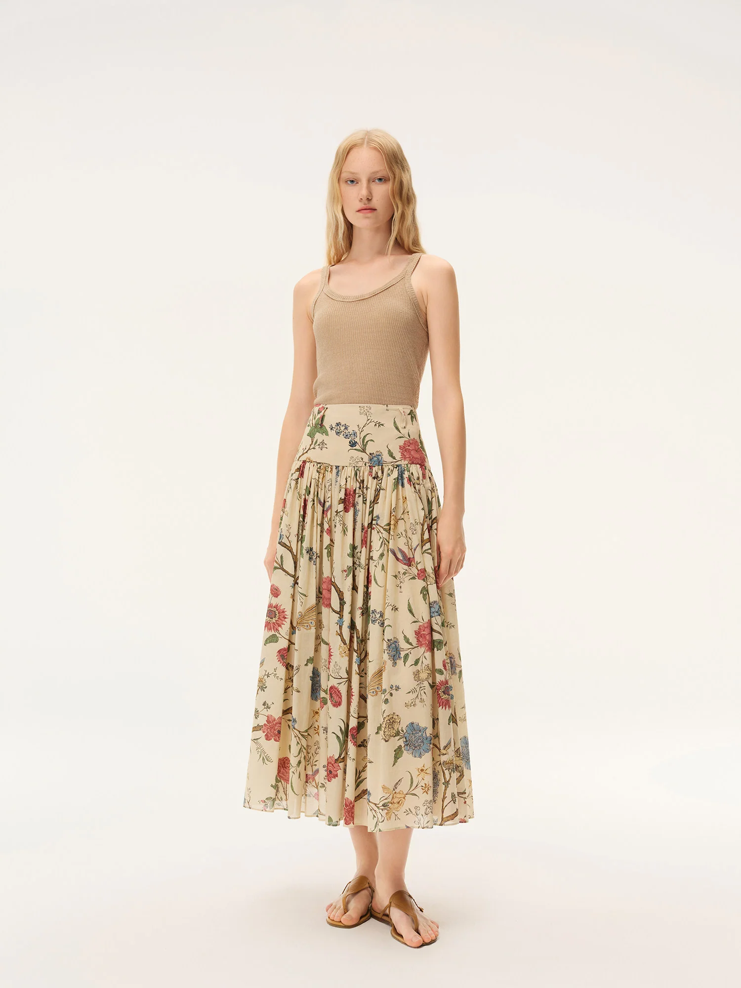 INTO THE EAST Spring/Summer 2026 Floral, Bird, and Tree Patchwork Pleated Loose-fitting Midi Skirt ITE-E1JBSSSK21024NCC-HUA Floral Pattern - Image 10